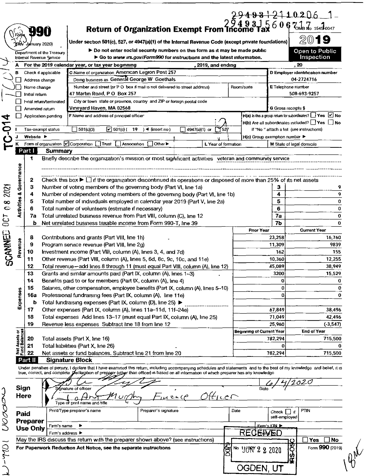 Image of first page of 2019 Form 990O for American Legion - 257 Gen George W Goethals