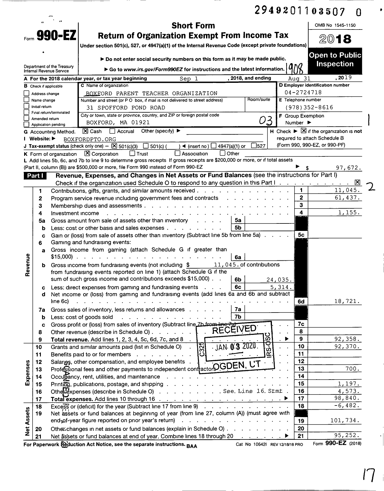Image of first page of 2018 Form 990EZ for Boxford Parent Teacher Organization