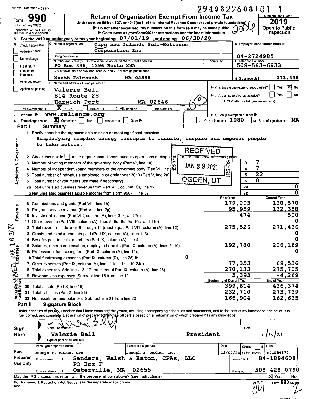 Image of first page of 2019 Form 990 for Cape and Islands Self-Reliance Corporation