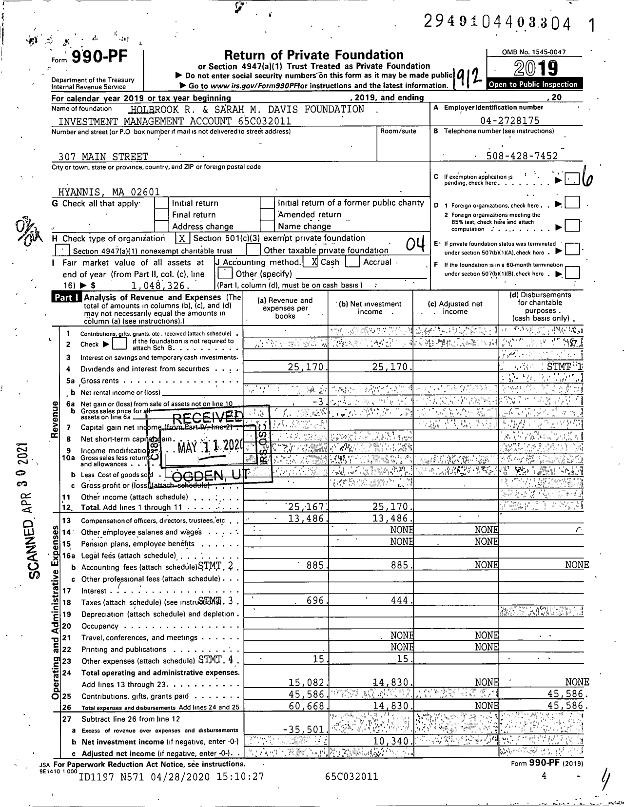 Image of first page of 2019 Form 990PF for Holbrook R and Sarah M Davis Foundation