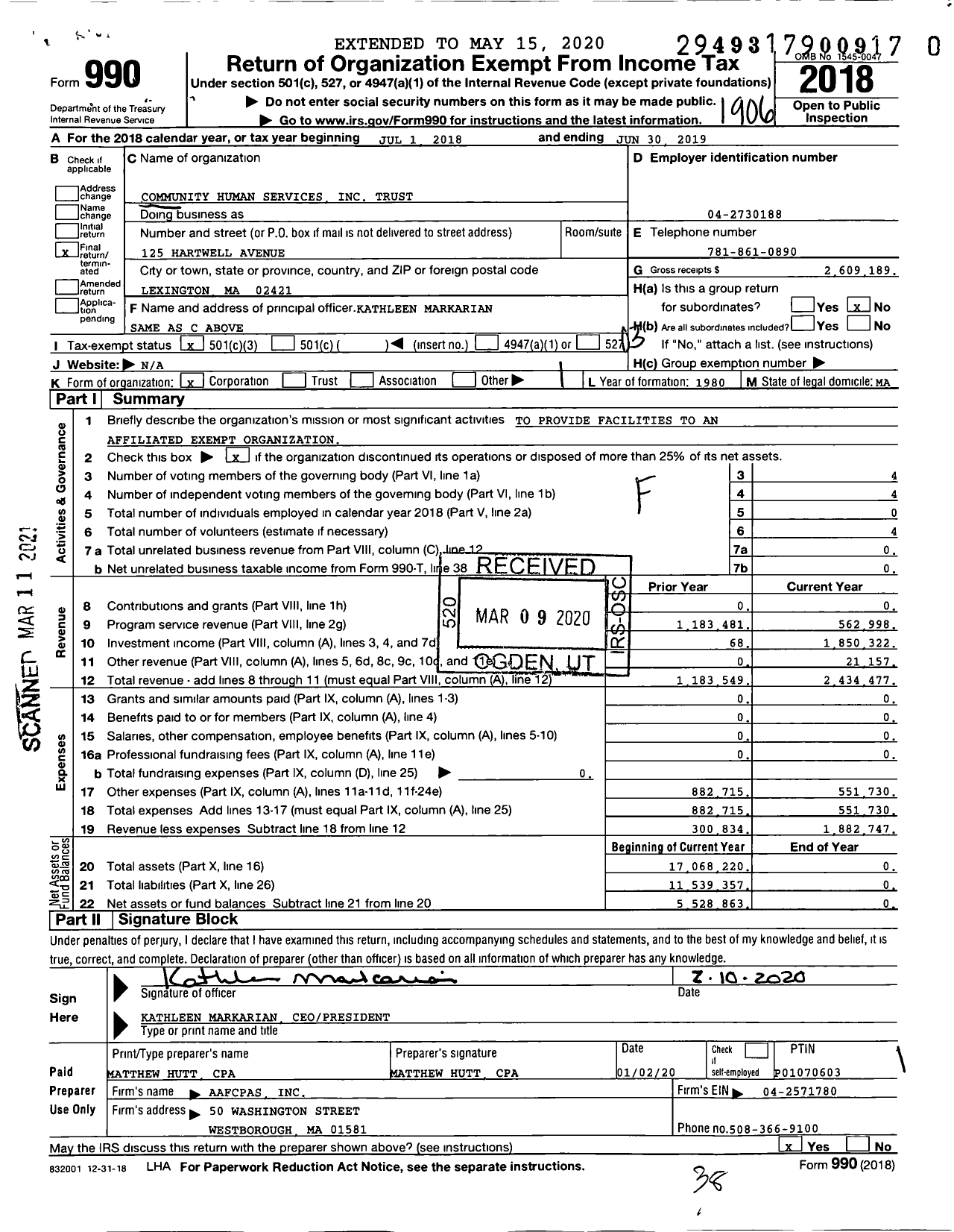 Image of first page of 2018 Form 990 for Community Human Services Trust