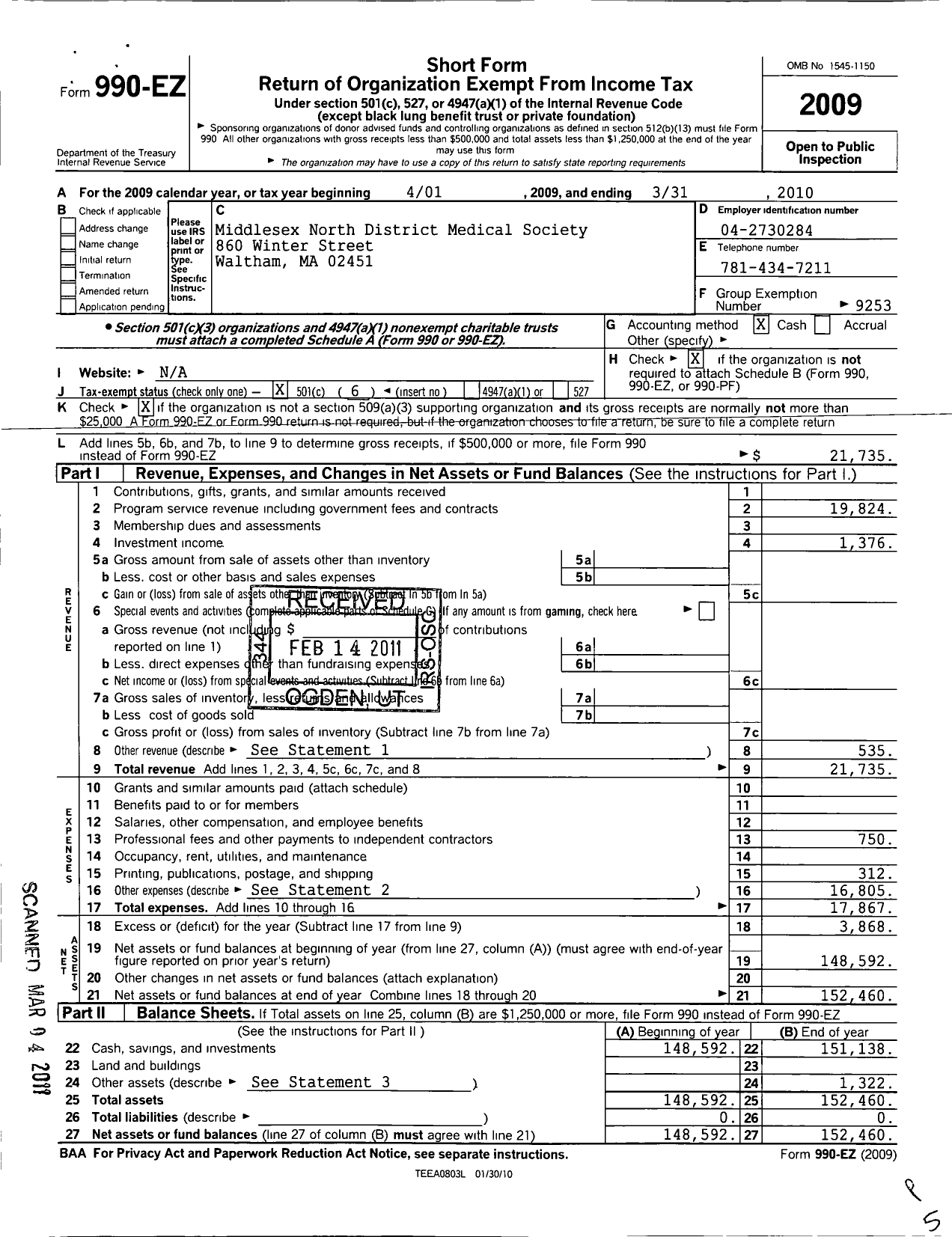 Image of first page of 2009 Form 990EO for Massachusetts Medical Society / Middlesex North District