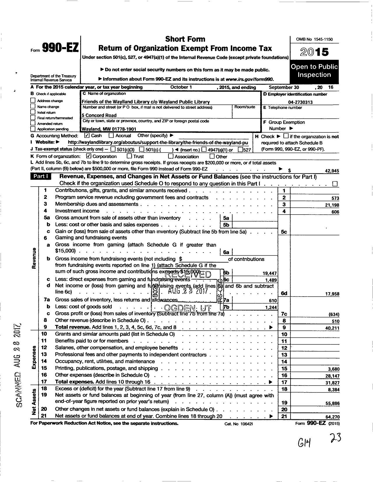 Image of first page of 2015 Form 990EO for Friends of the Wayland Library