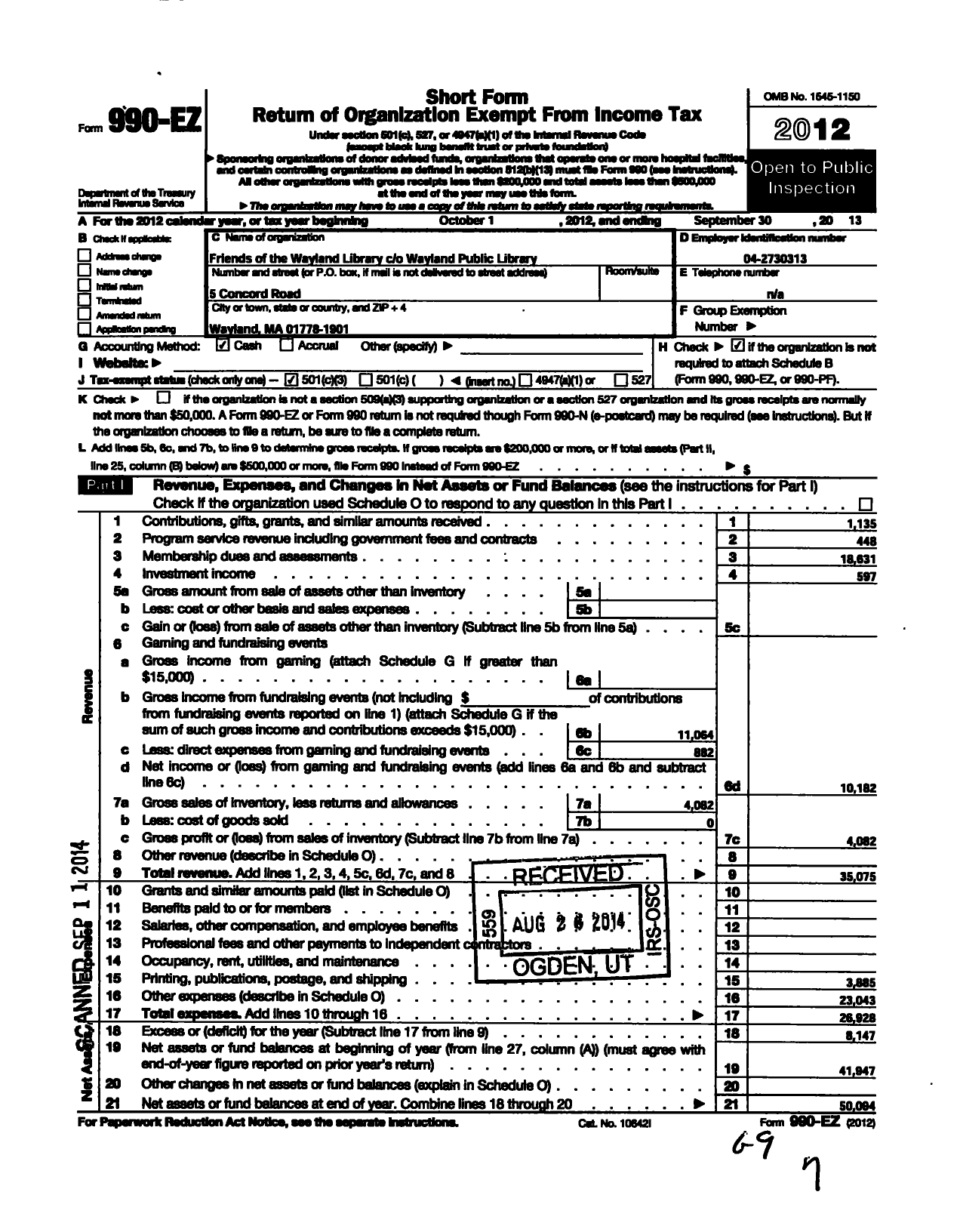 Image of first page of 2012 Form 990EZ for Friends of the Wayland Library