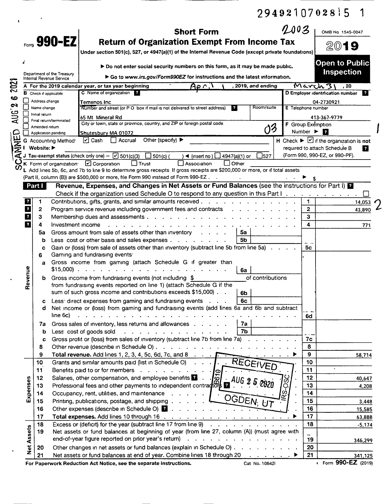 Image of first page of 2019 Form 990EZ for Temenos