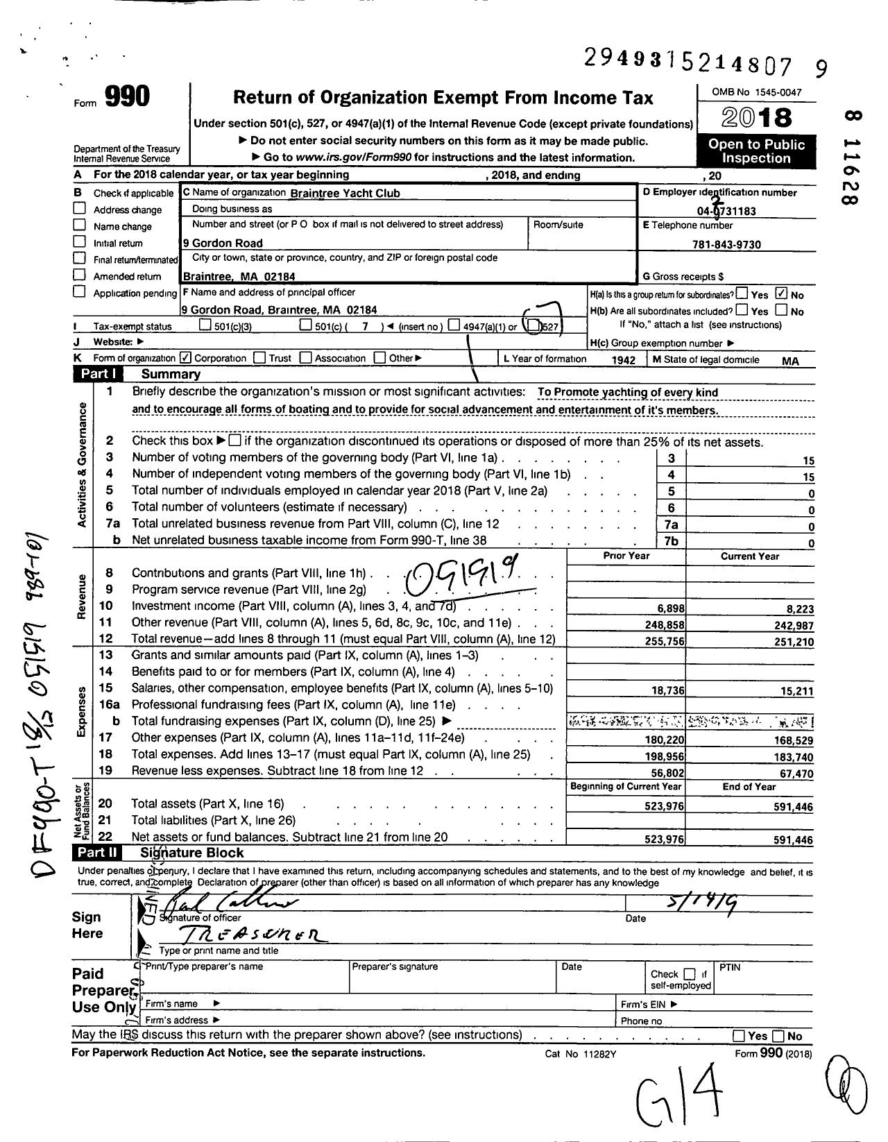 Image of first page of 2018 Form 990O for Braintree Yacht Club