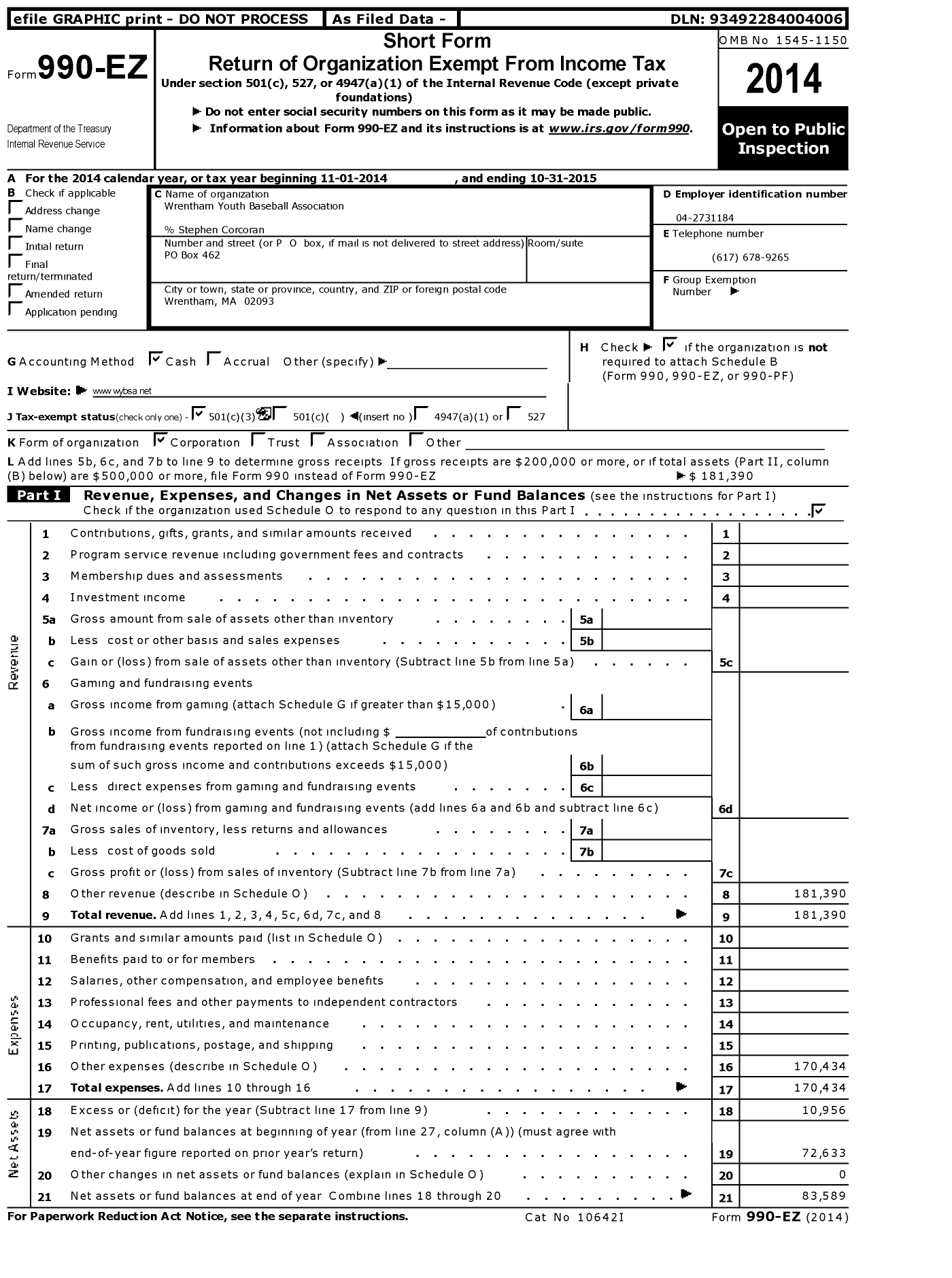 Image of first page of 2014 Form 990EZ for Wrentham Youth Baseball Association