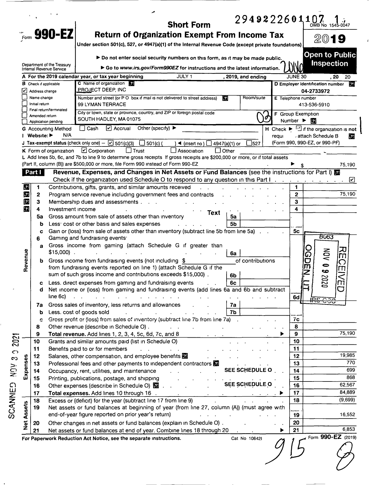 Image of first page of 2019 Form 990EZ for Project Deep