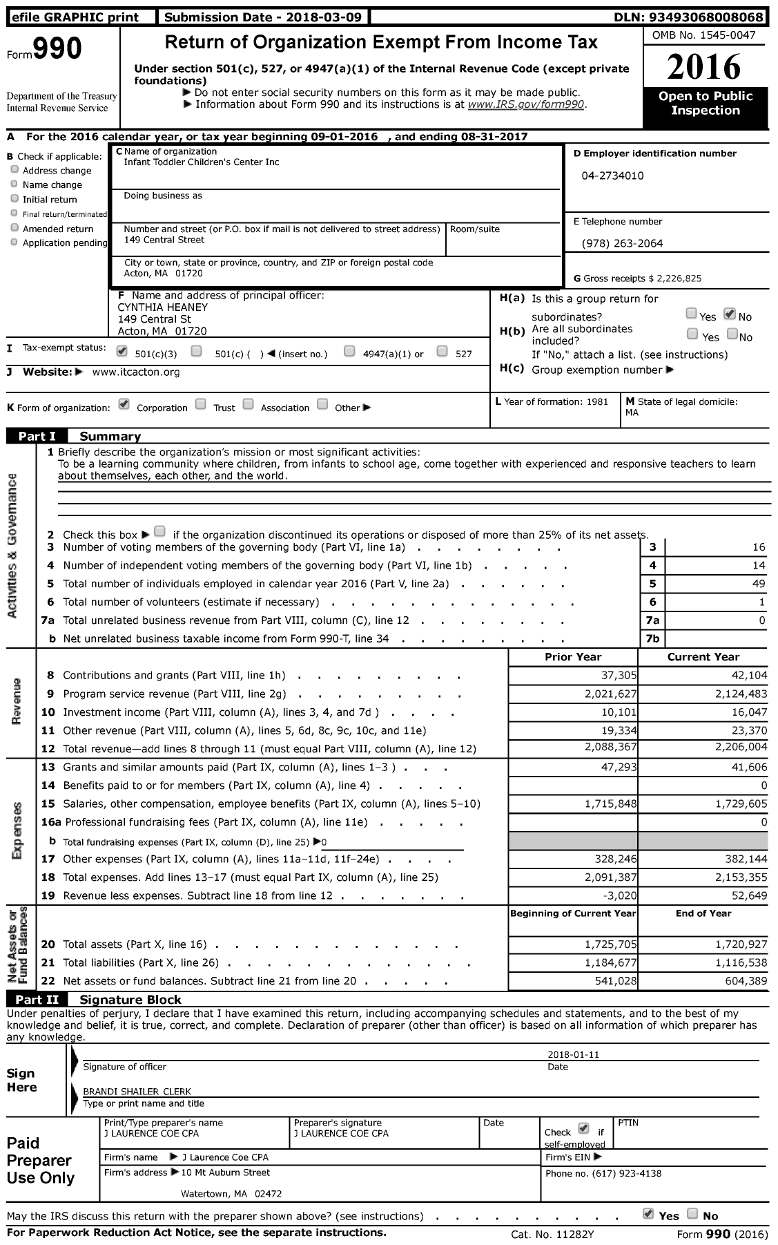 Image of first page of 2016 Form 990 for Infant Toddler Children's Center (ITC)