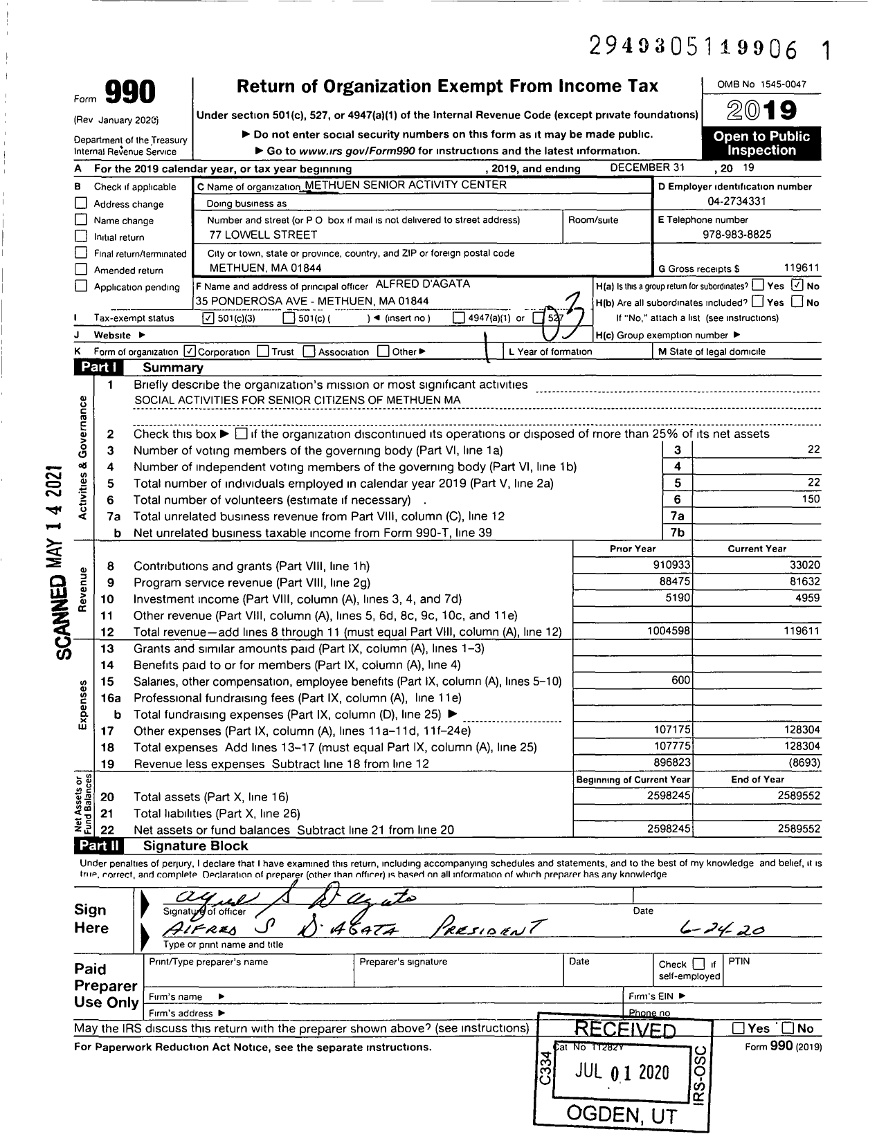 Image of first page of 2019 Form 990 for Methuen Senior Activity Center