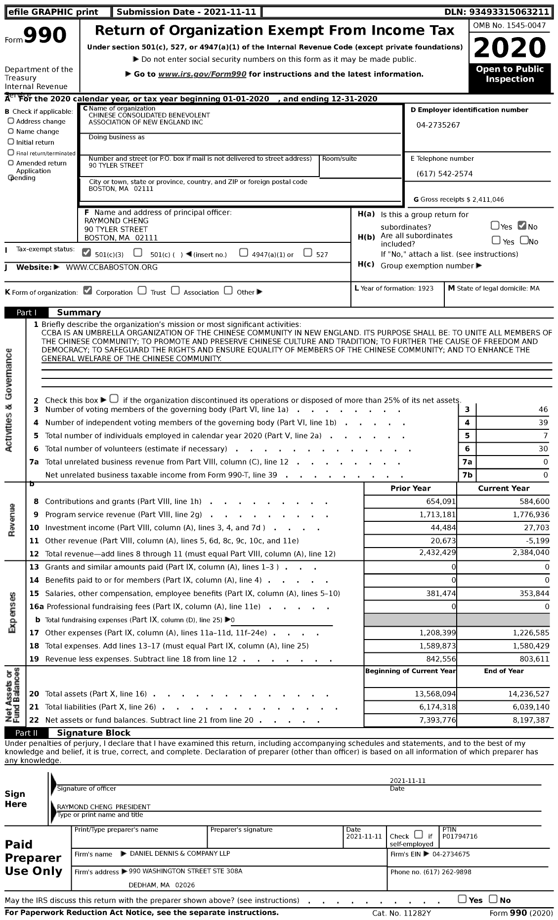 Image of first page of 2020 Form 990 for Chinese Consolidated Benevolent Association of New England (CCBA)