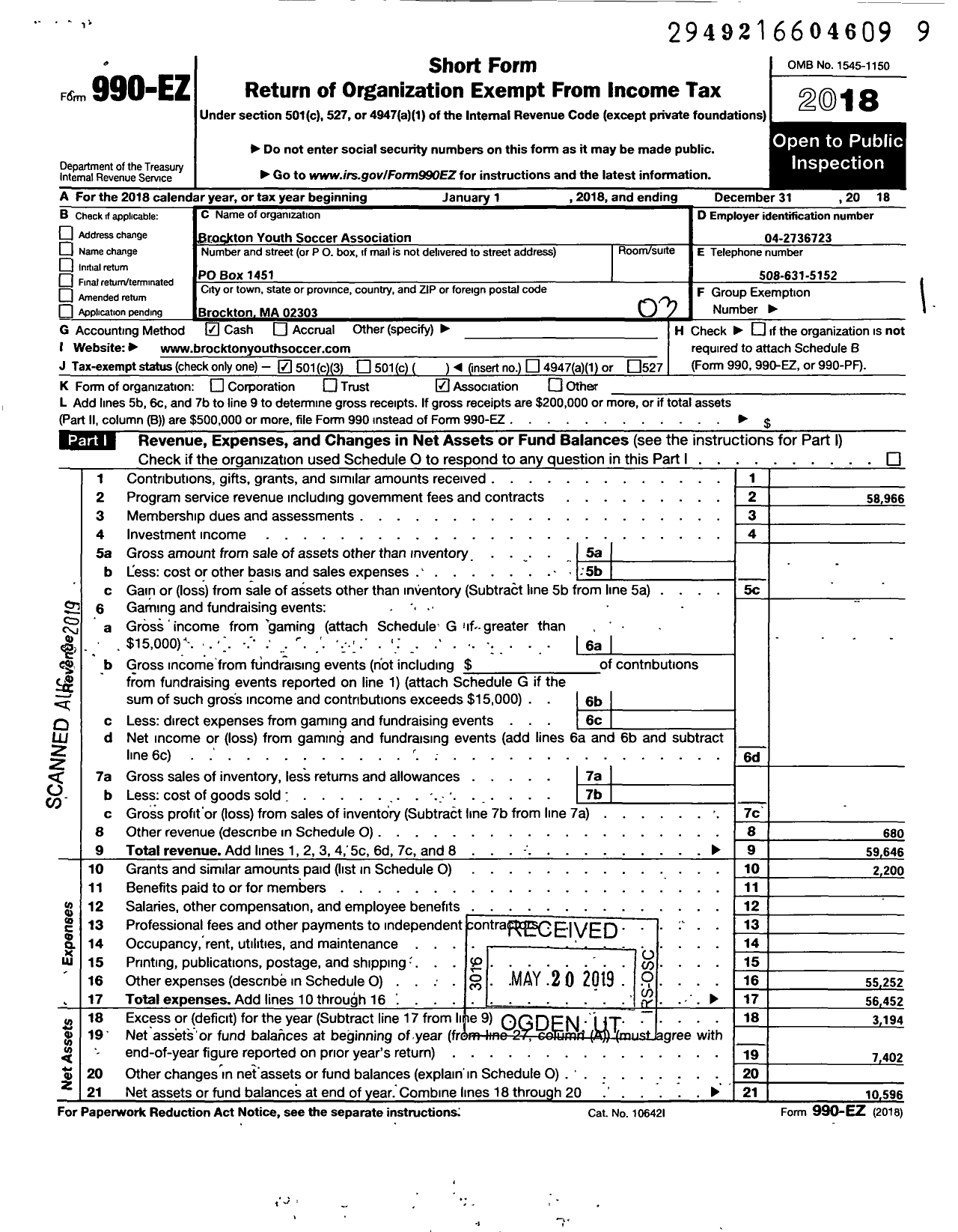 Image of first page of 2018 Form 990EZ for Brockton Youth Soccer Association