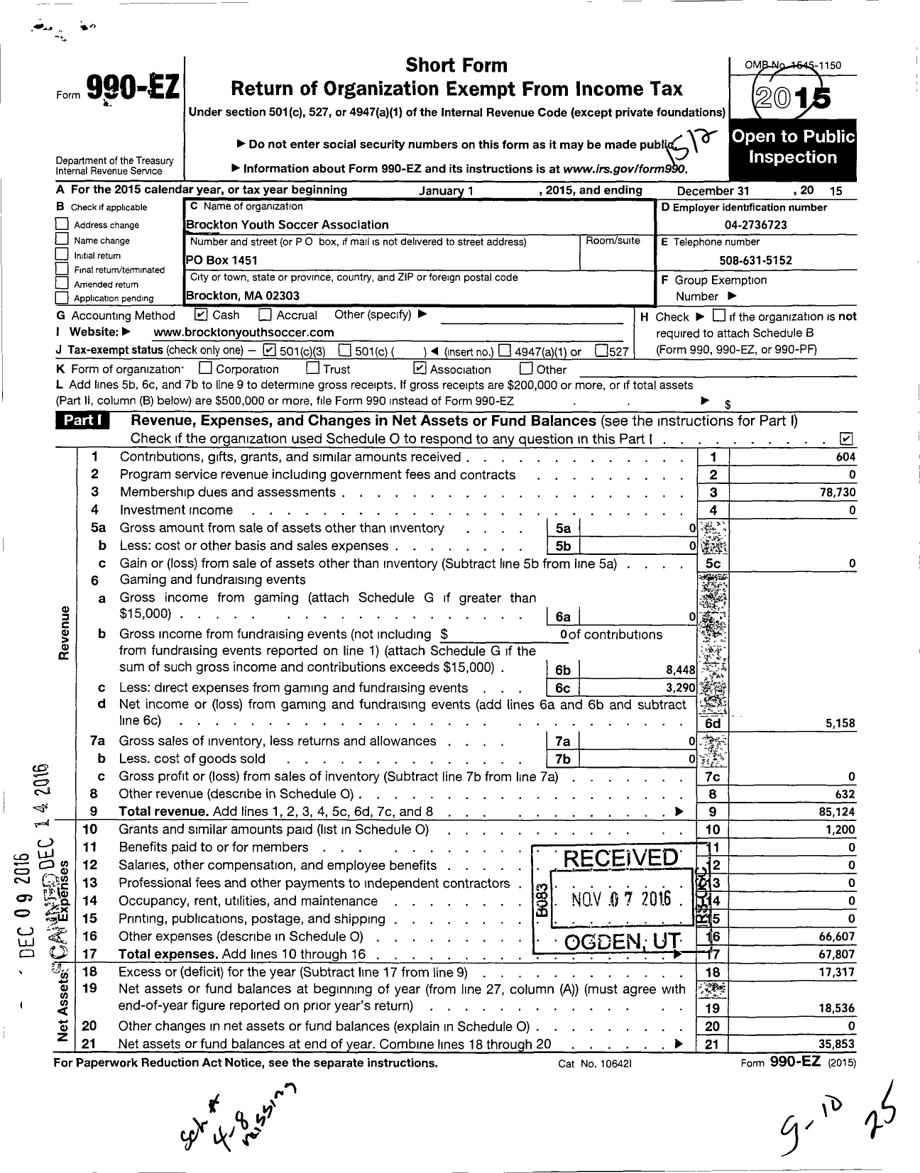 Image of first page of 2015 Form 990EZ for Brockton Youth Soccer Association