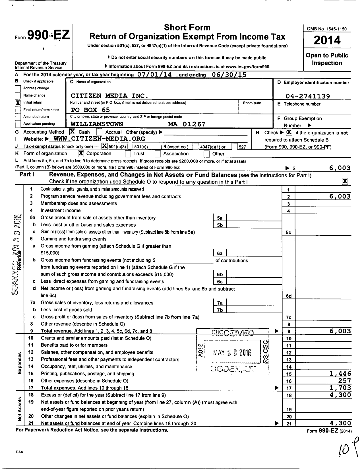 Image of first page of 2014 Form 990EZ for Citizen Media