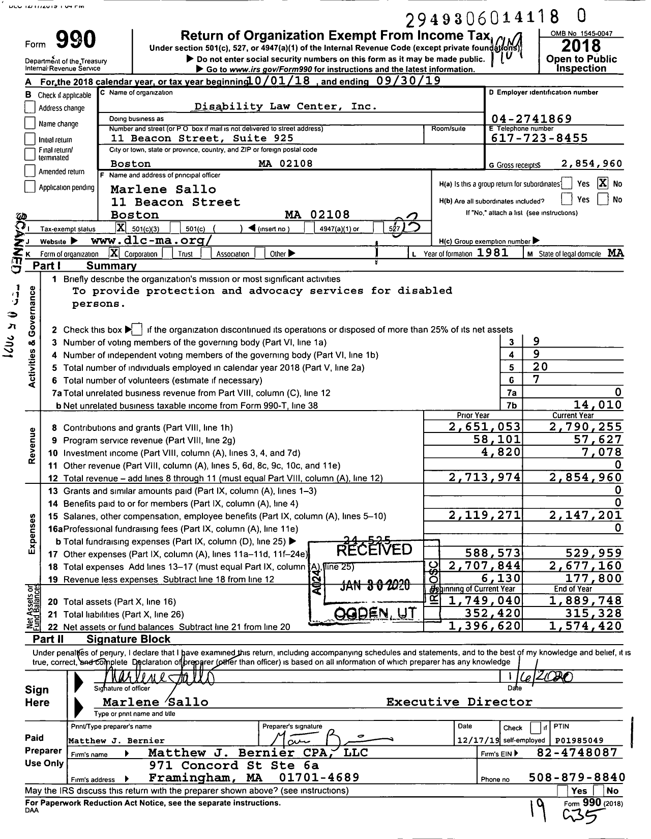 Image of first page of 2018 Form 990 for Disability Law Center (DLC)