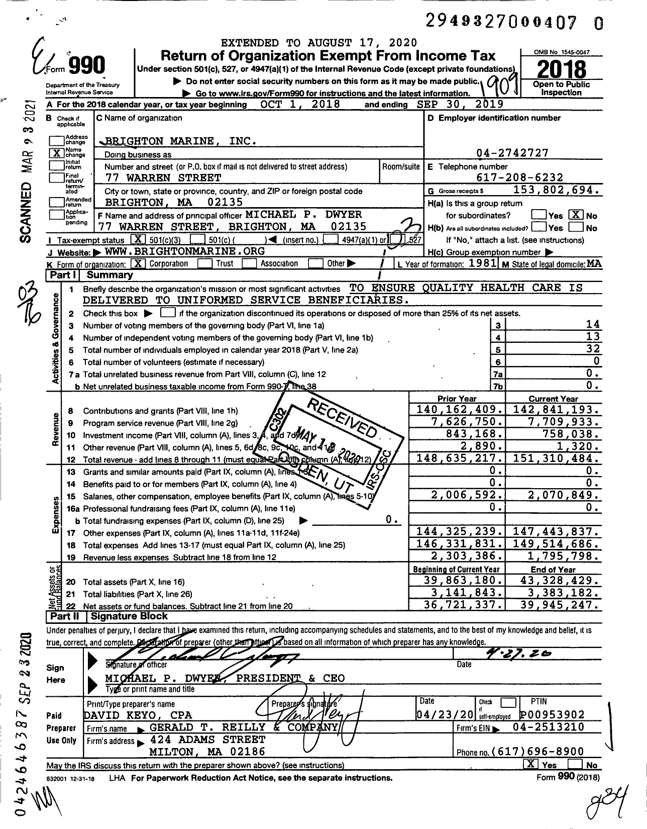 Image of first page of 2018 Form 990 for Brighton Marine (BMHC)