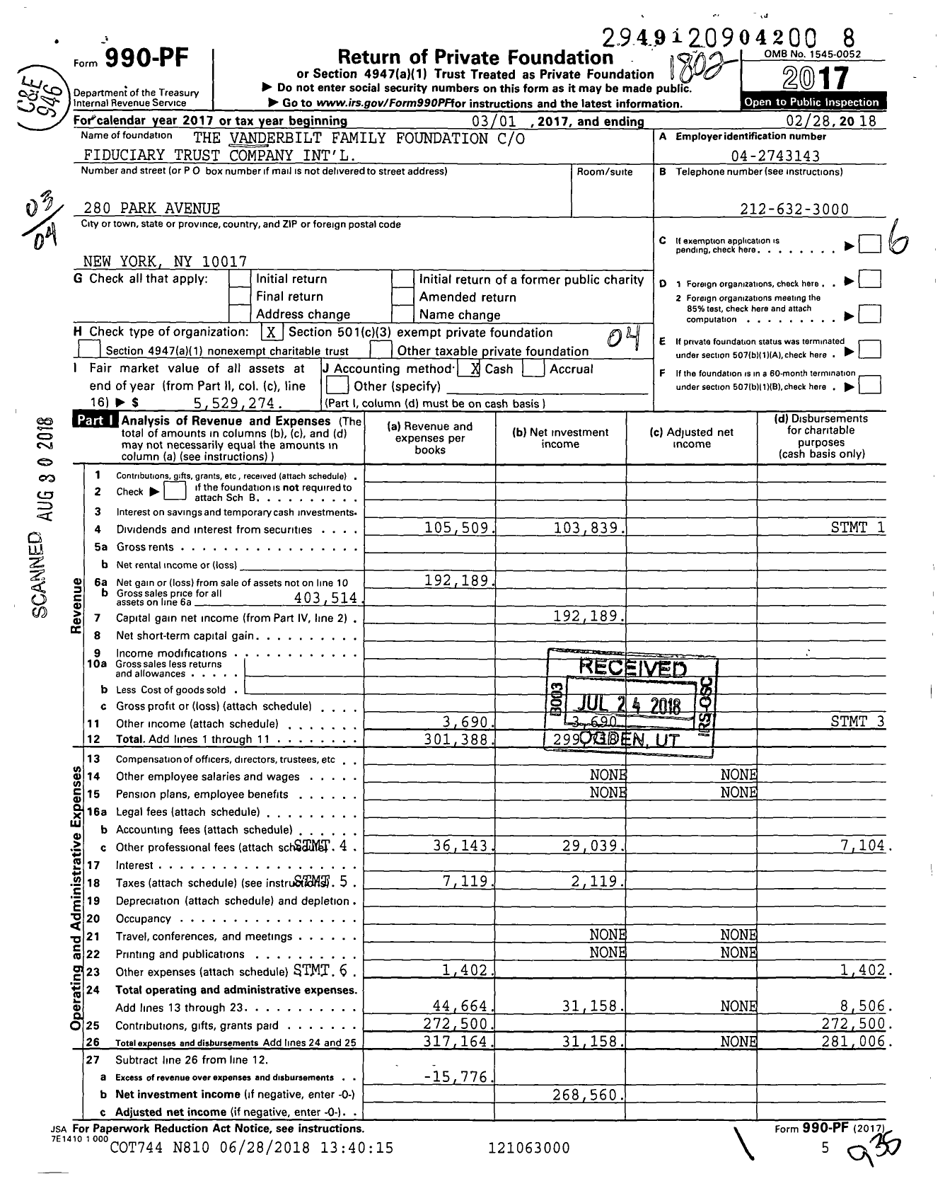 Image of first page of 2017 Form 990PF for The Vanderbilt Family Foundation