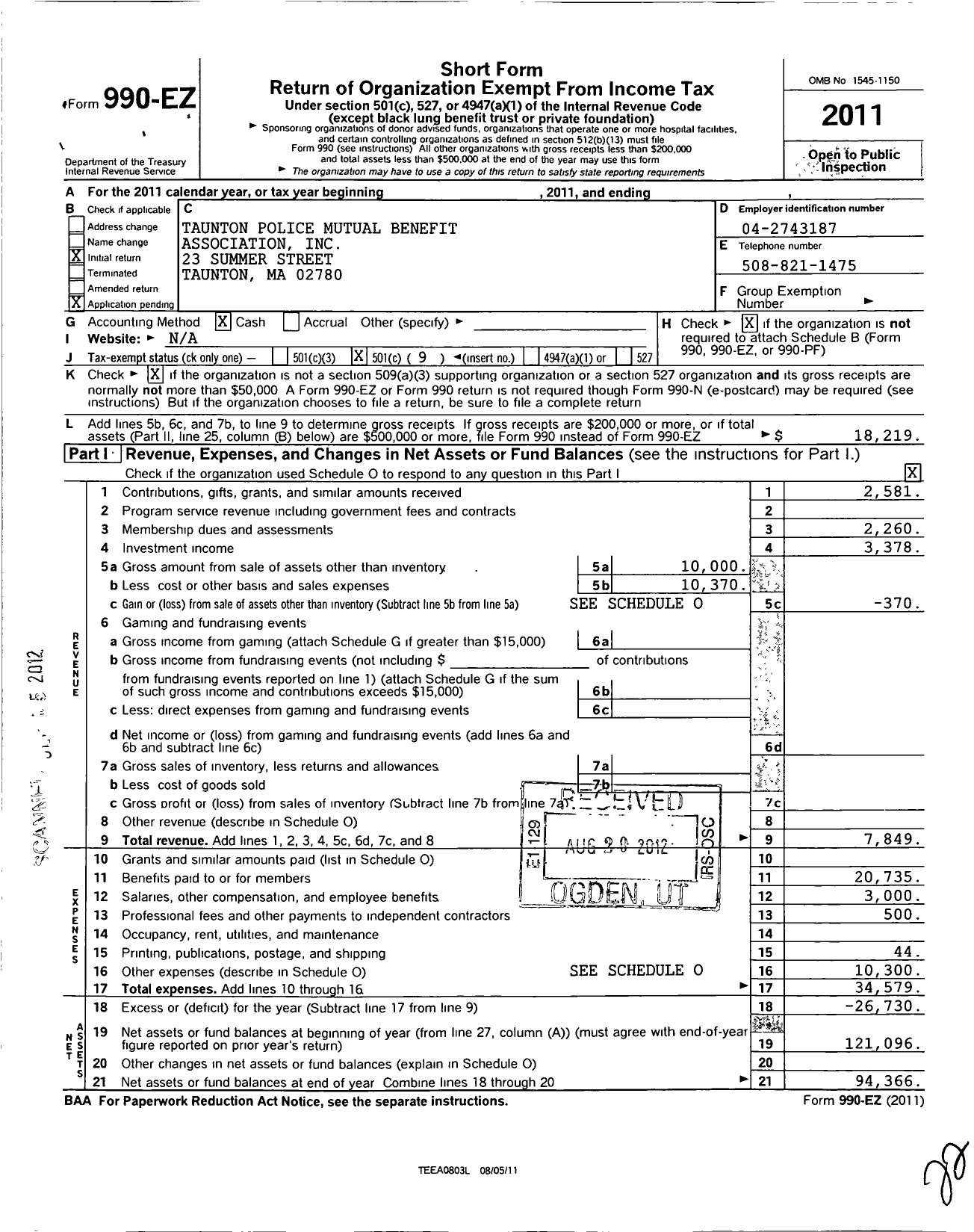 Image of first page of 2011 Form 990EO for Taunton Police Mutual Benefit Association