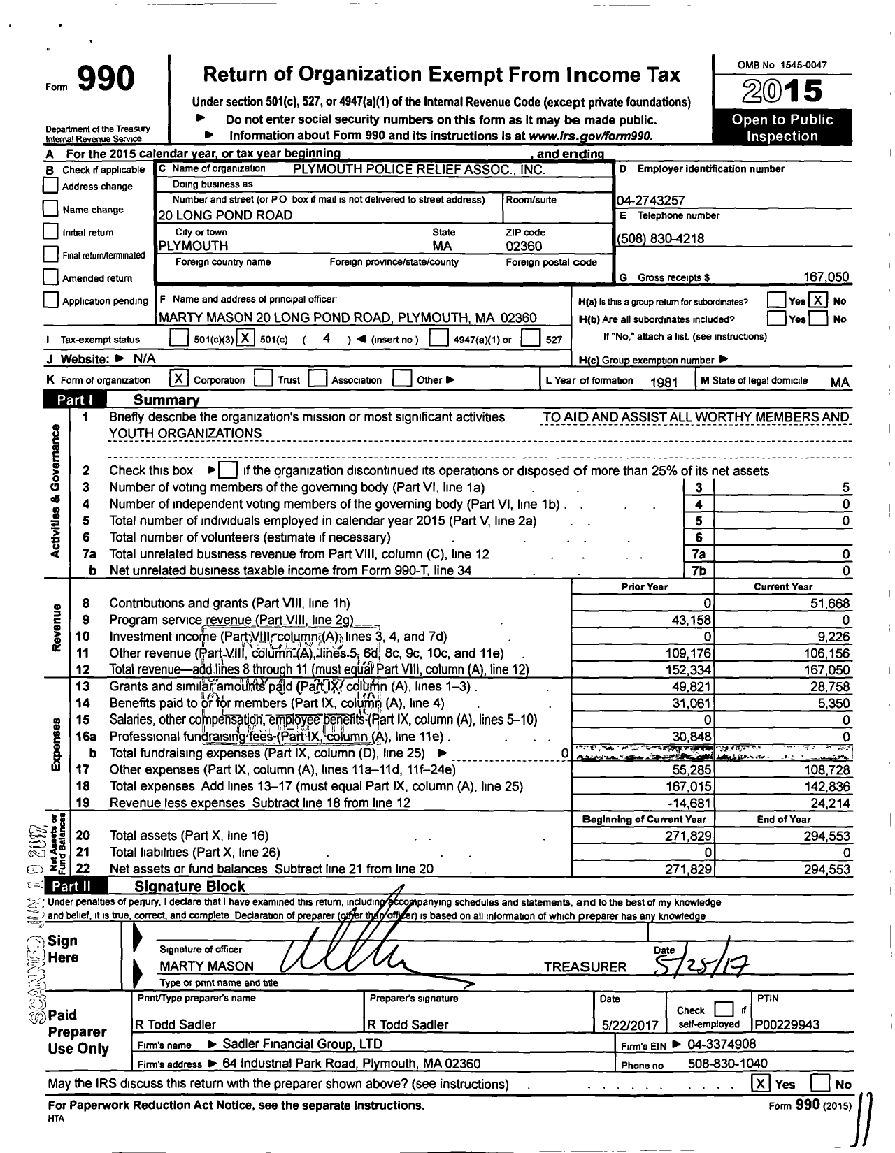 Image of first page of 2015 Form 990O for Plymouth Police Relief Association