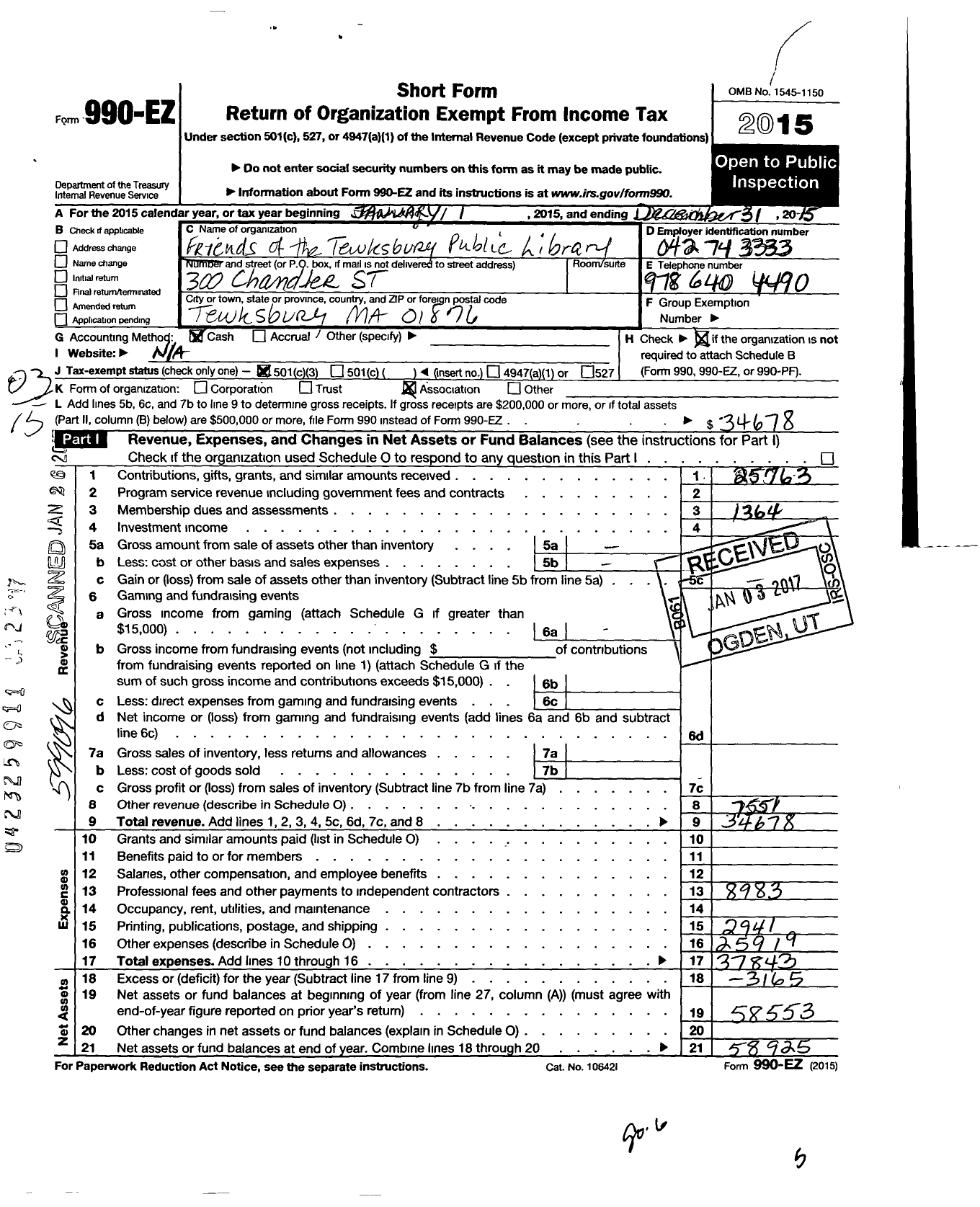 Image of first page of 2015 Form 990EZ for Friends of the Tewksbury Public Library