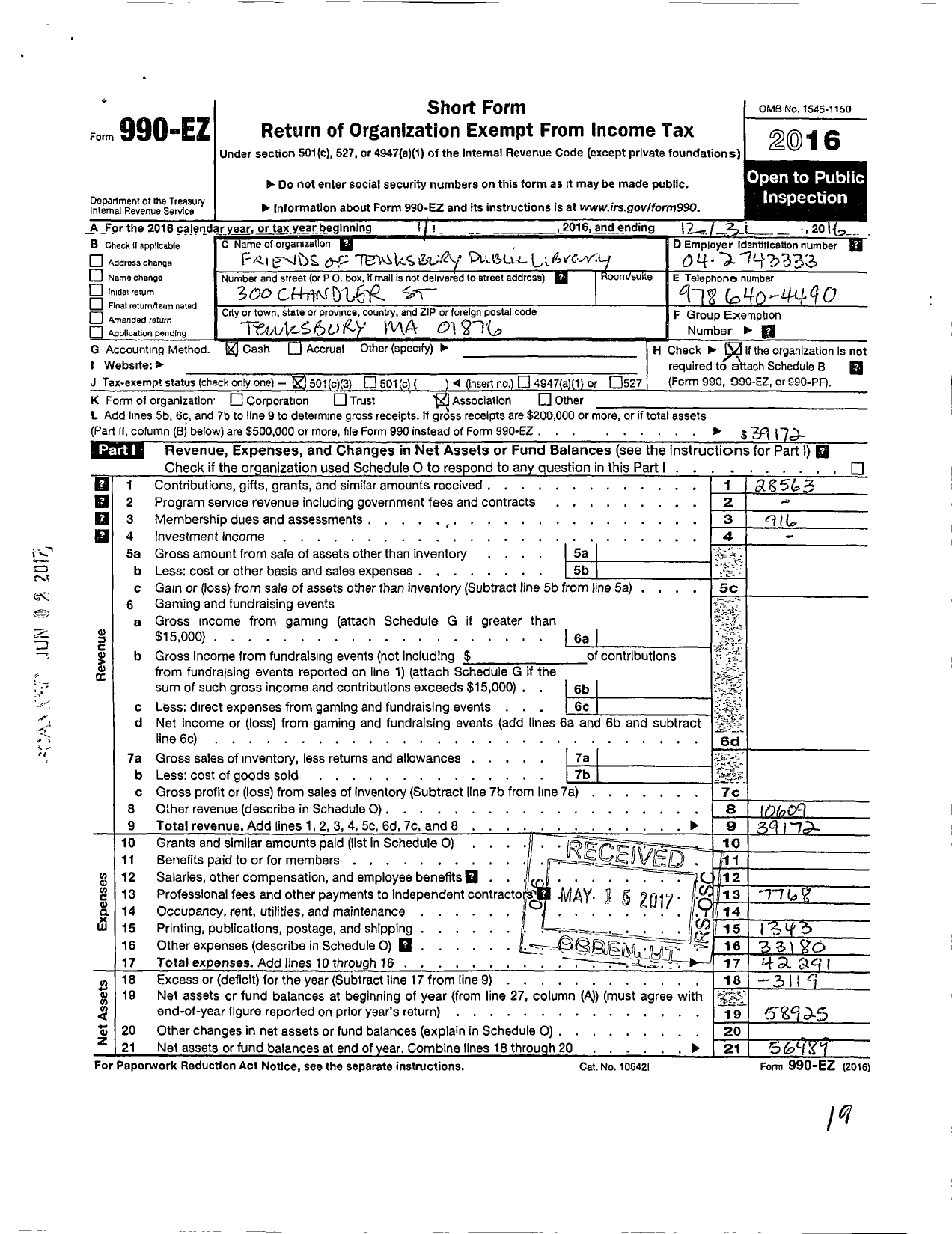 Image of first page of 2016 Form 990EZ for Friends of the Tewksbury Public Library