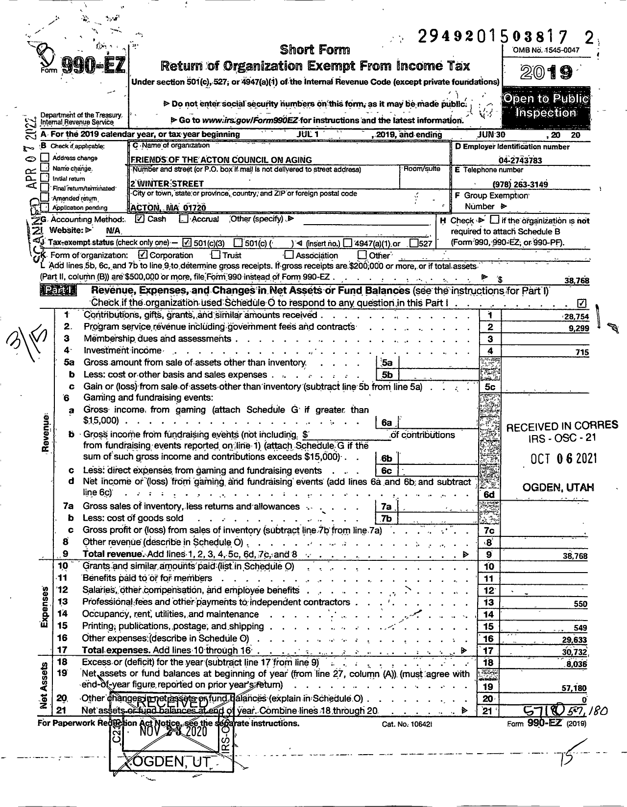 Image of first page of 2019 Form 990EZ for Friends of the Acton Council on Aging