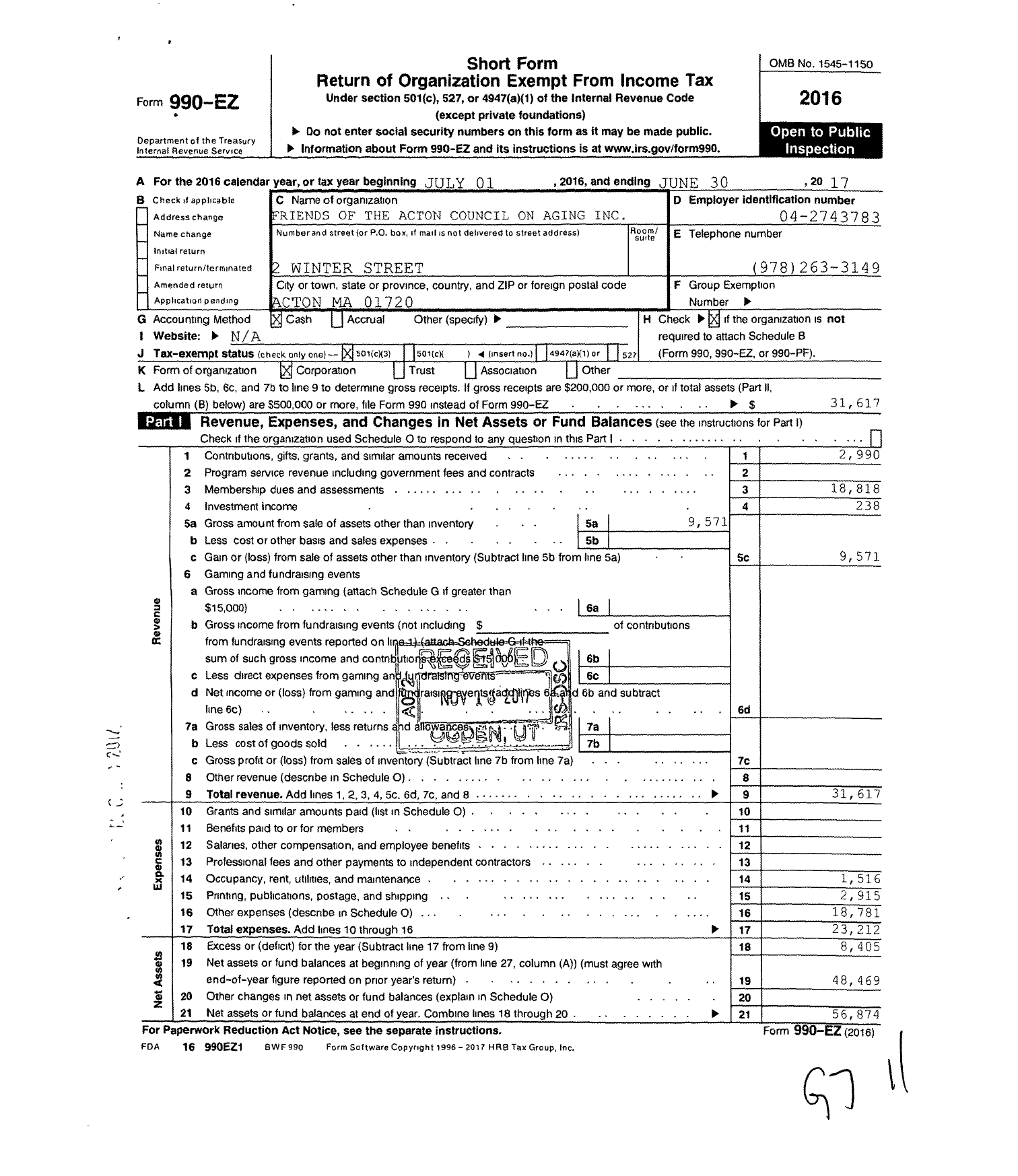 Image of first page of 2016 Form 990EZ for Friends of the Acton Council on Aging