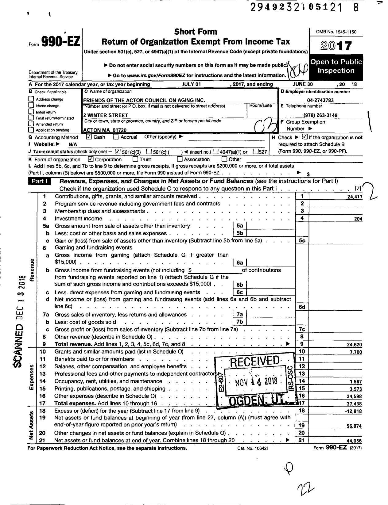 Image of first page of 2017 Form 990EZ for Friends of the Acton Council on Aging