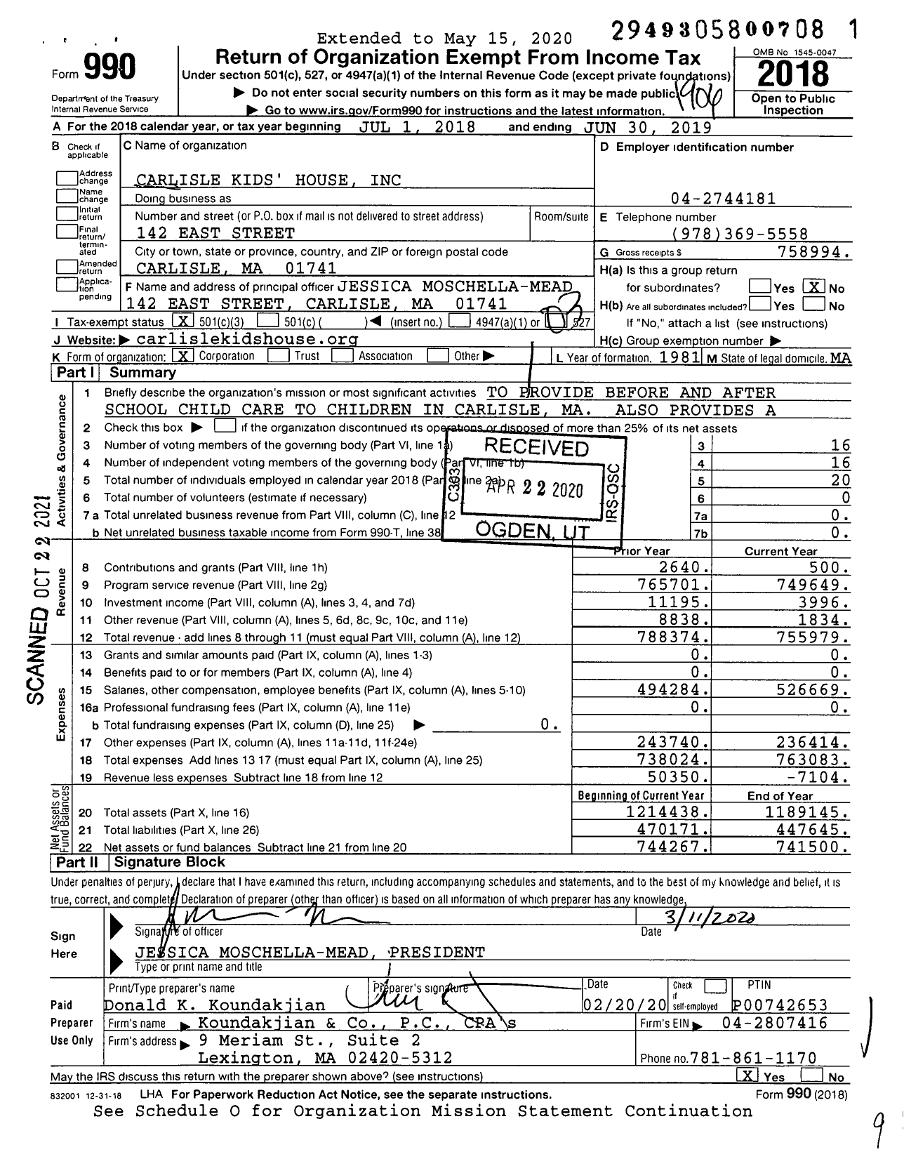 Image of first page of 2018 Form 990 for Carlisle Kids House