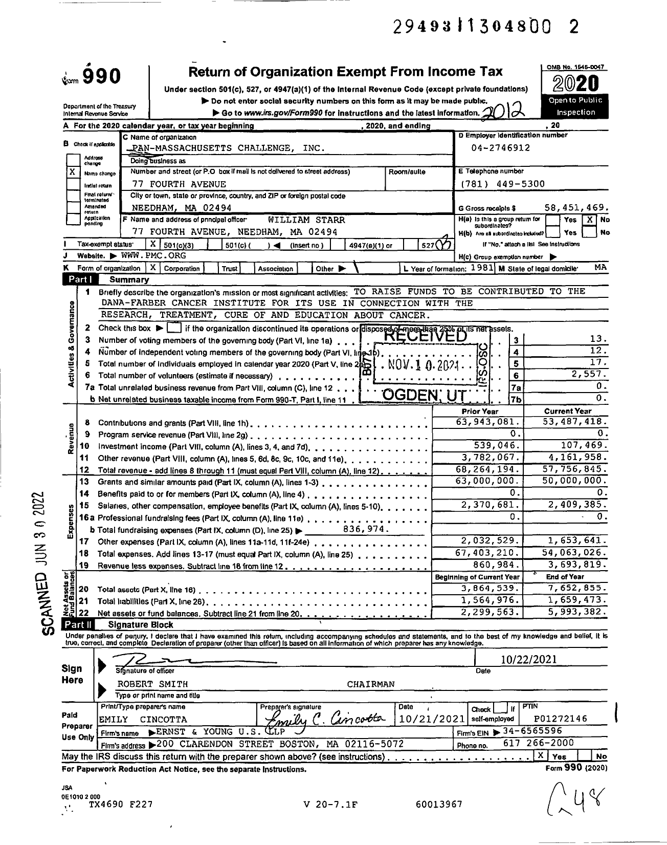 Image of first page of 2020 Form 990 for Pan-Massachusetts Challenge