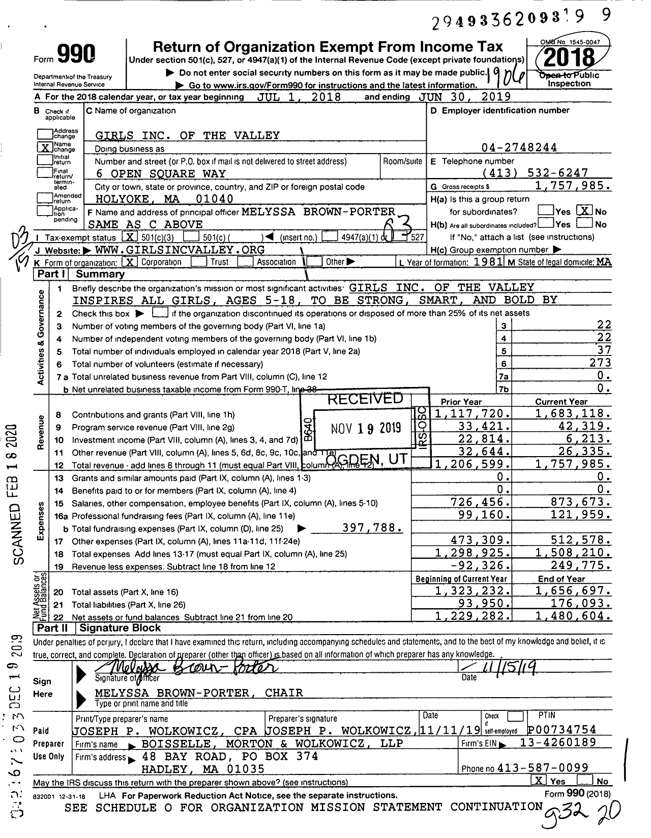 Image of first page of 2018 Form 990 for Girls Incorporated of the Valley