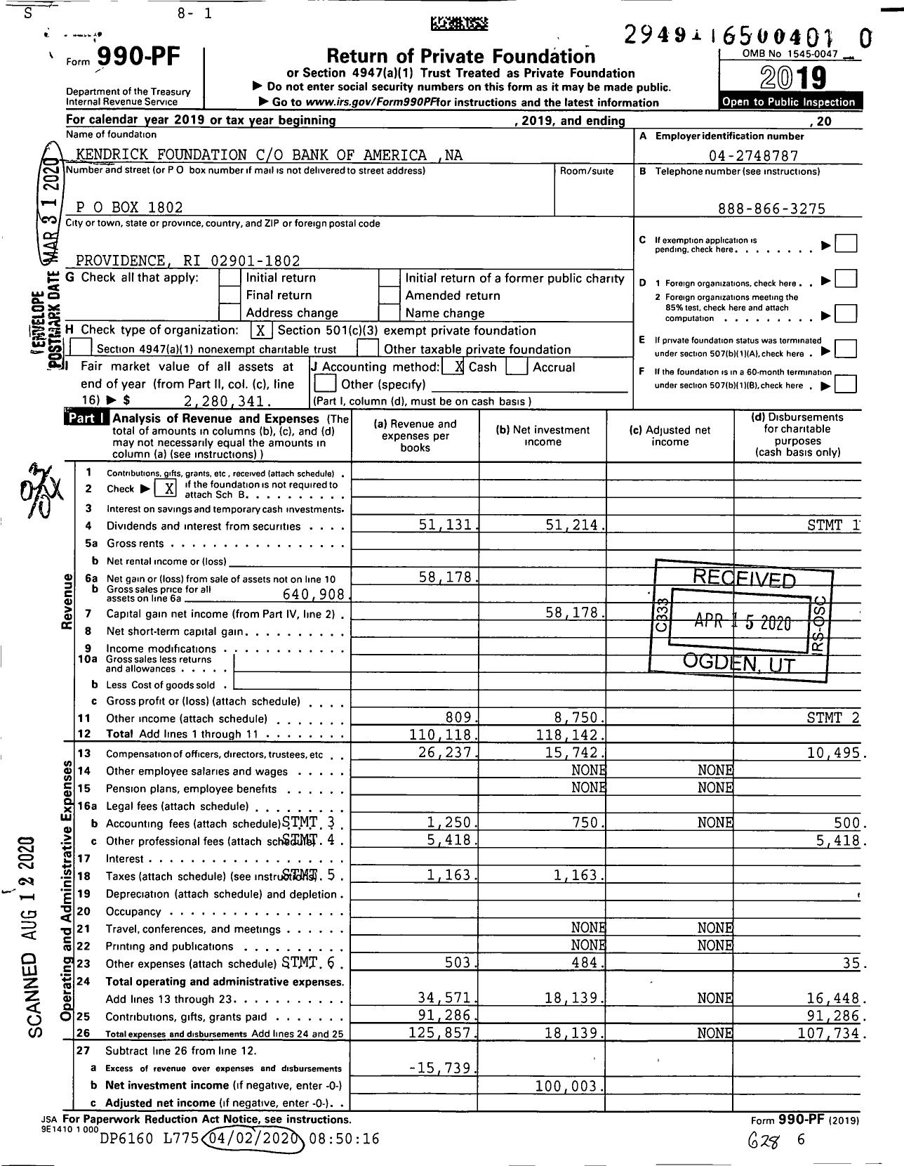 Image of first page of 2019 Form 990PR for Kendrick Foundation Bank of America Na