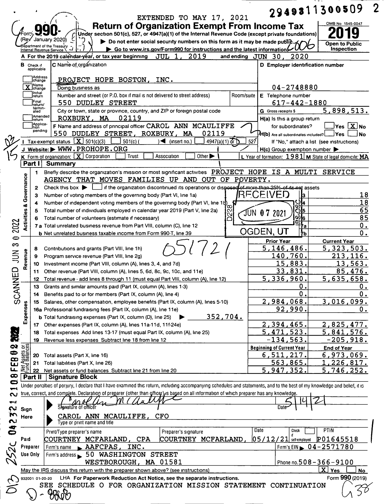 Image of first page of 2019 Form 990 for Project Hope Boston