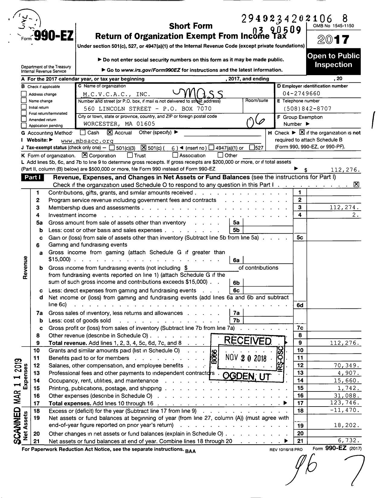 Image of first page of 2017 Form 990EO for Mcvcac