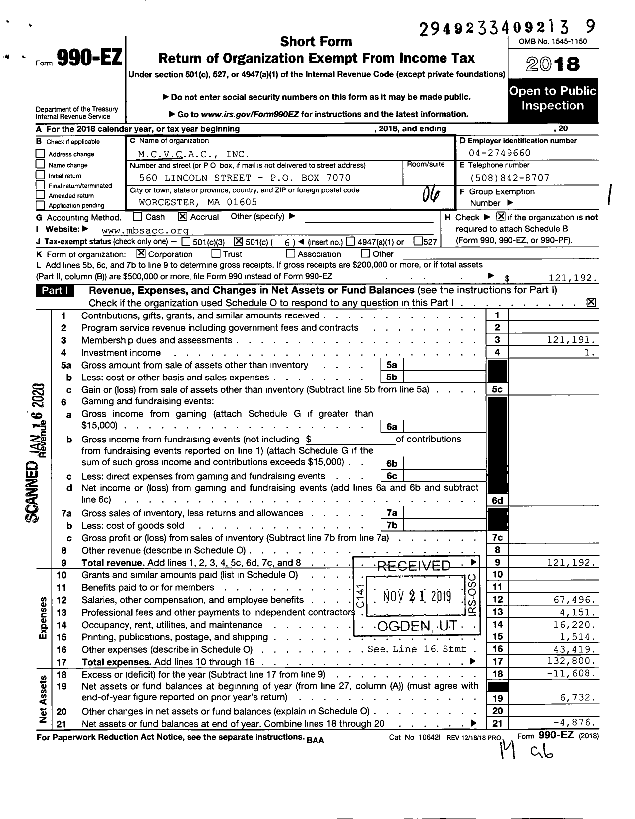 Image of first page of 2018 Form 990EO for Mcvcac