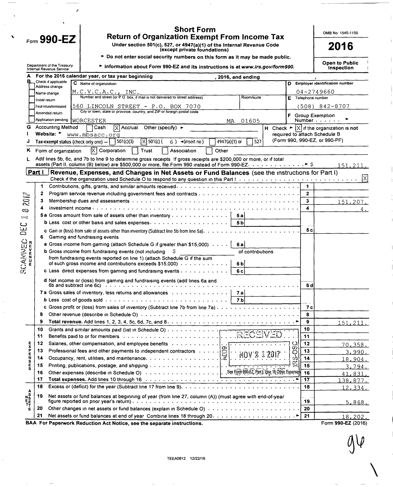 Image of first page of 2016 Form 990EO for Mcvcac