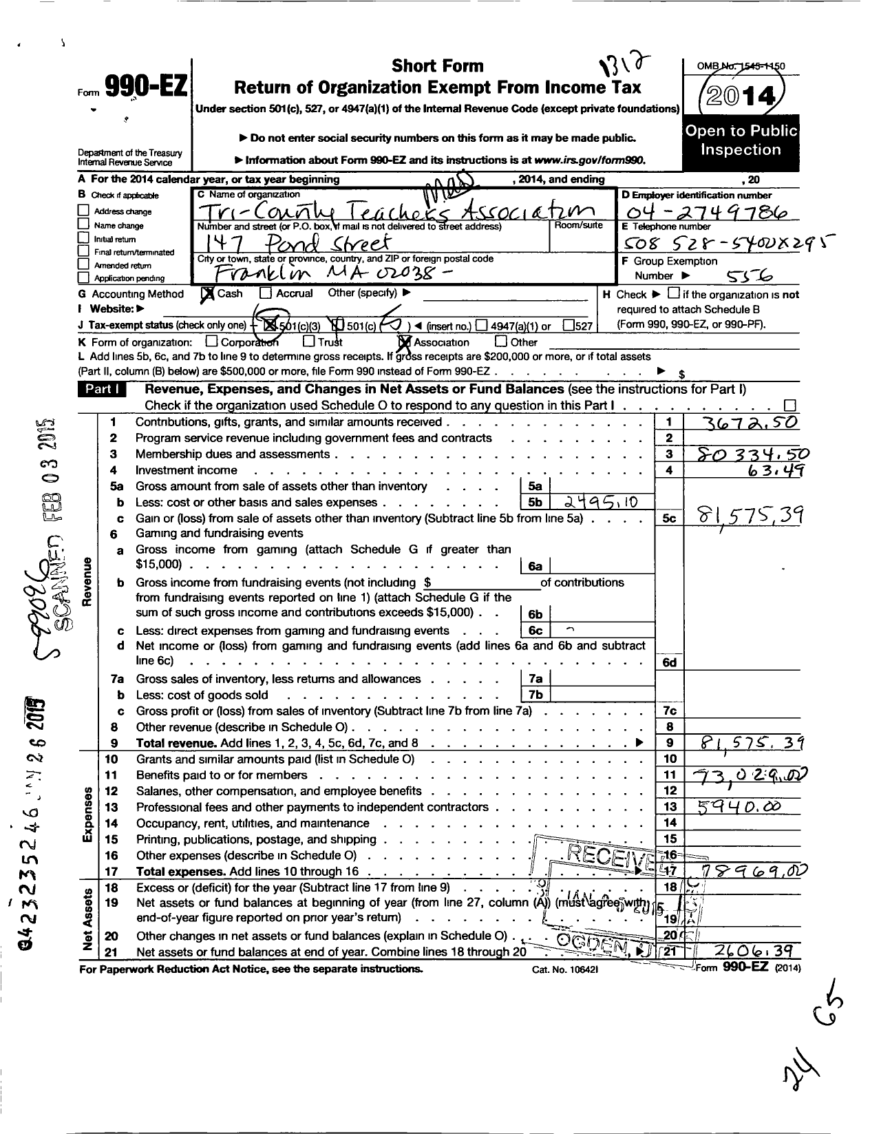 Image of first page of 2013 Form 990EO for Massachusetts Teachers Association - 556 Tri County Teachers Assn