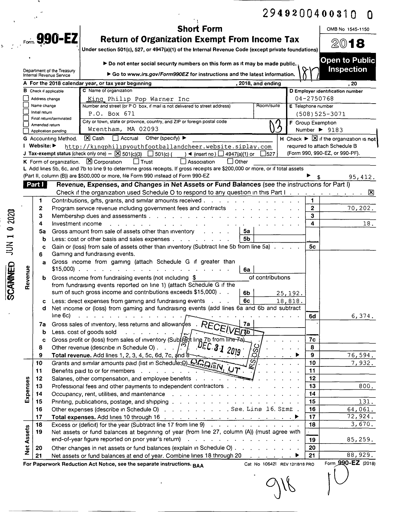 Image of first page of 2018 Form 990EZ for American Youth Football - King Philip Youth Football