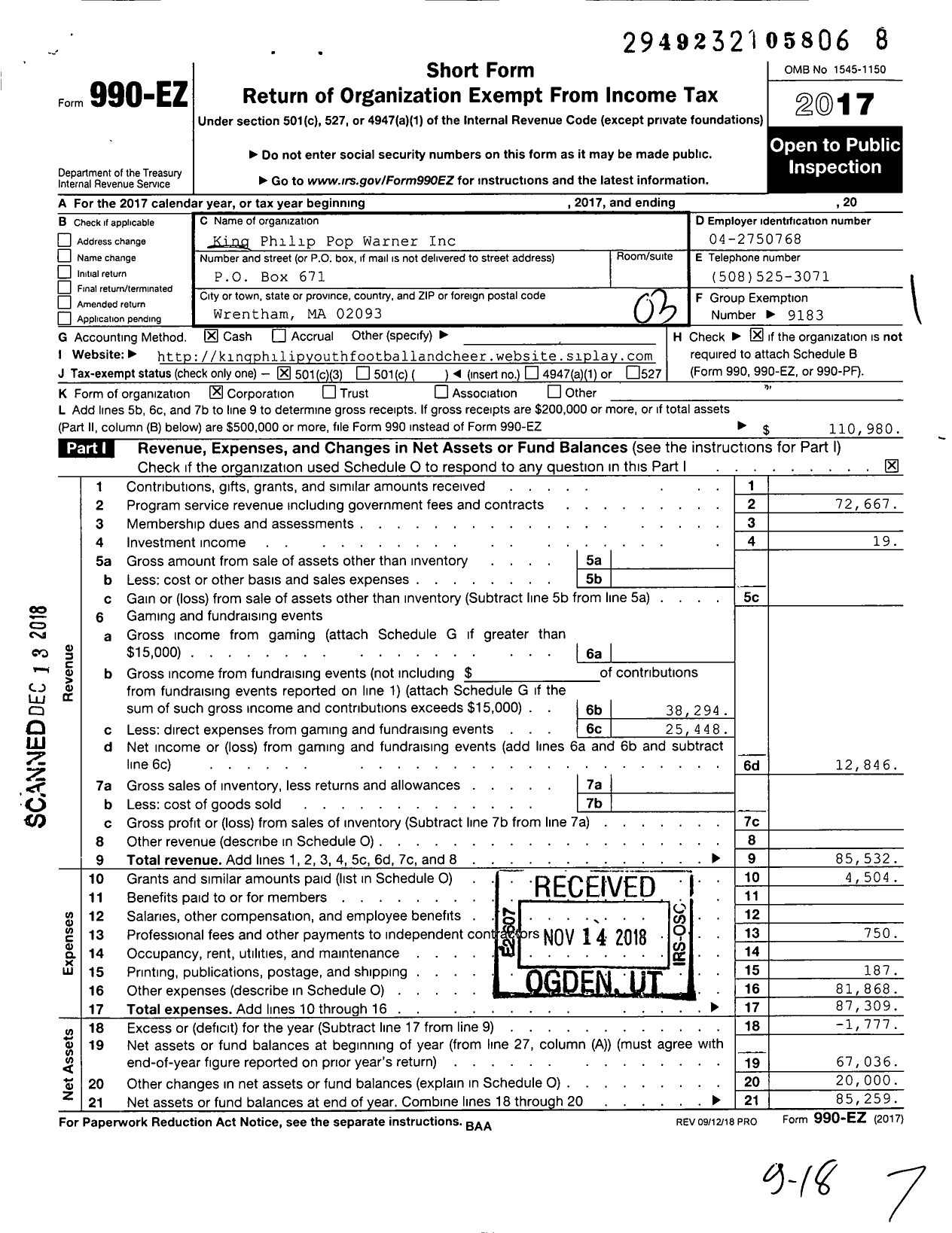 Image of first page of 2017 Form 990EZ for American Youth Football - King Philip Youth Football