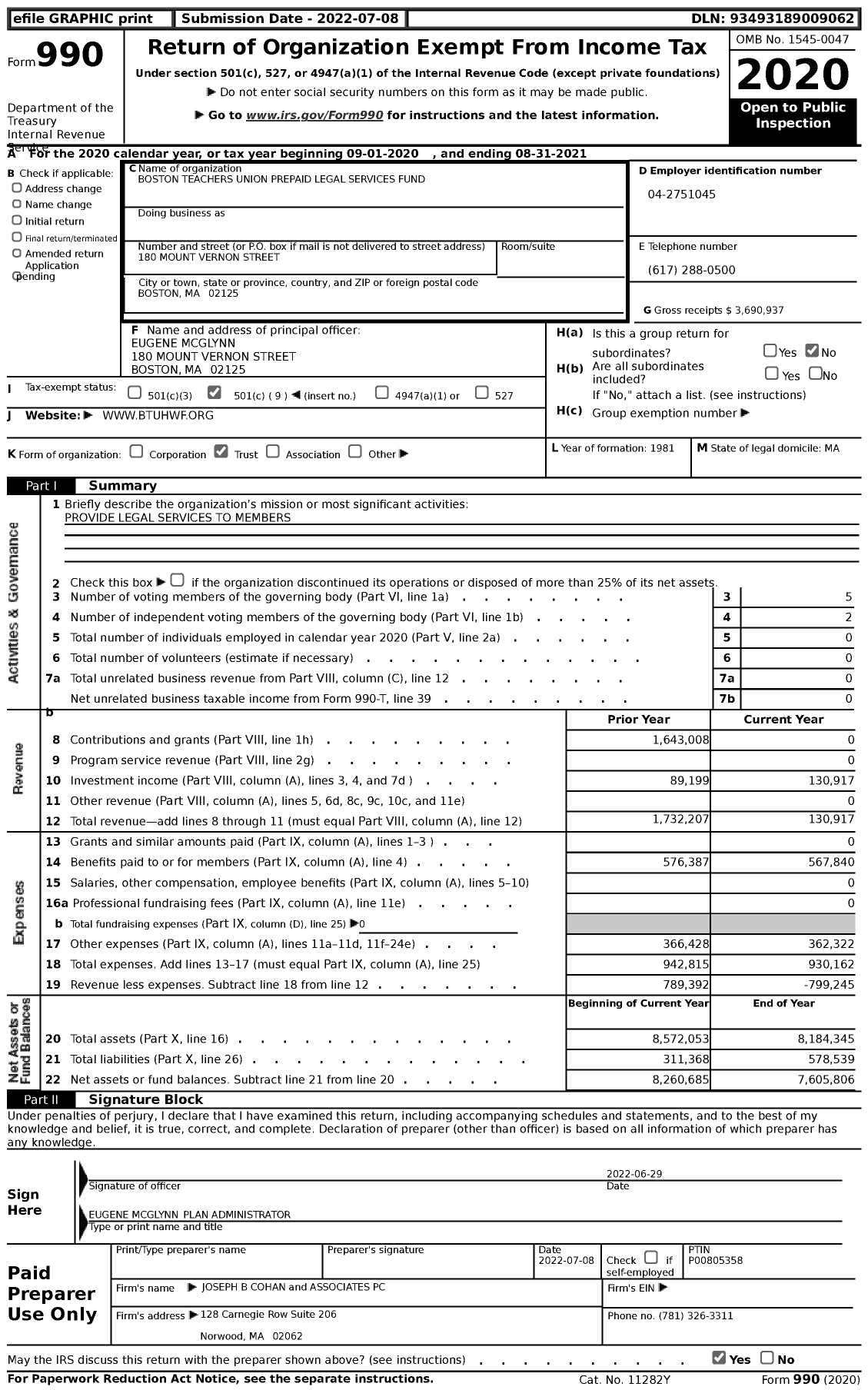 Image of first page of 2020 Form 990 for Boston Teachers Union Prepaid Legal Services Ices Fund