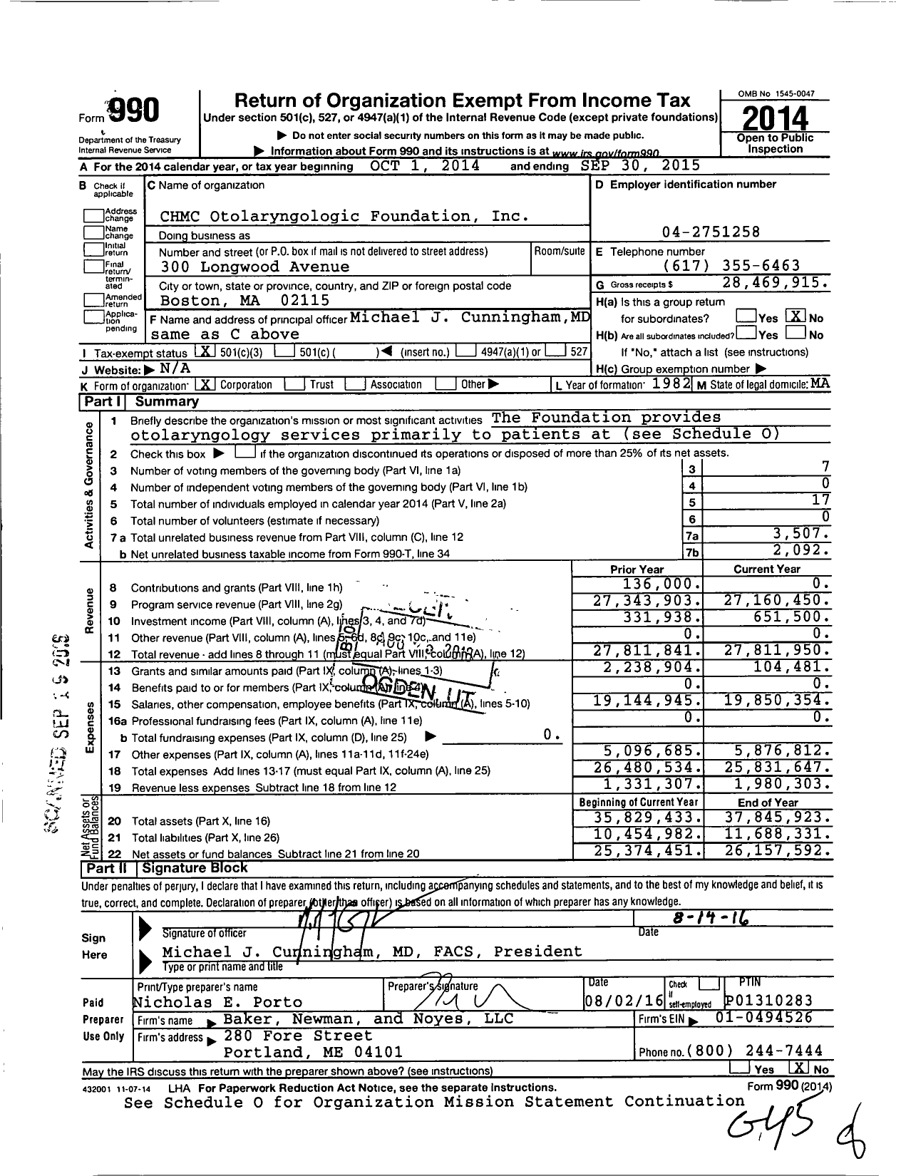 Image of first page of 2014 Form 990 for CHMC Otolaryngologic Foundation
