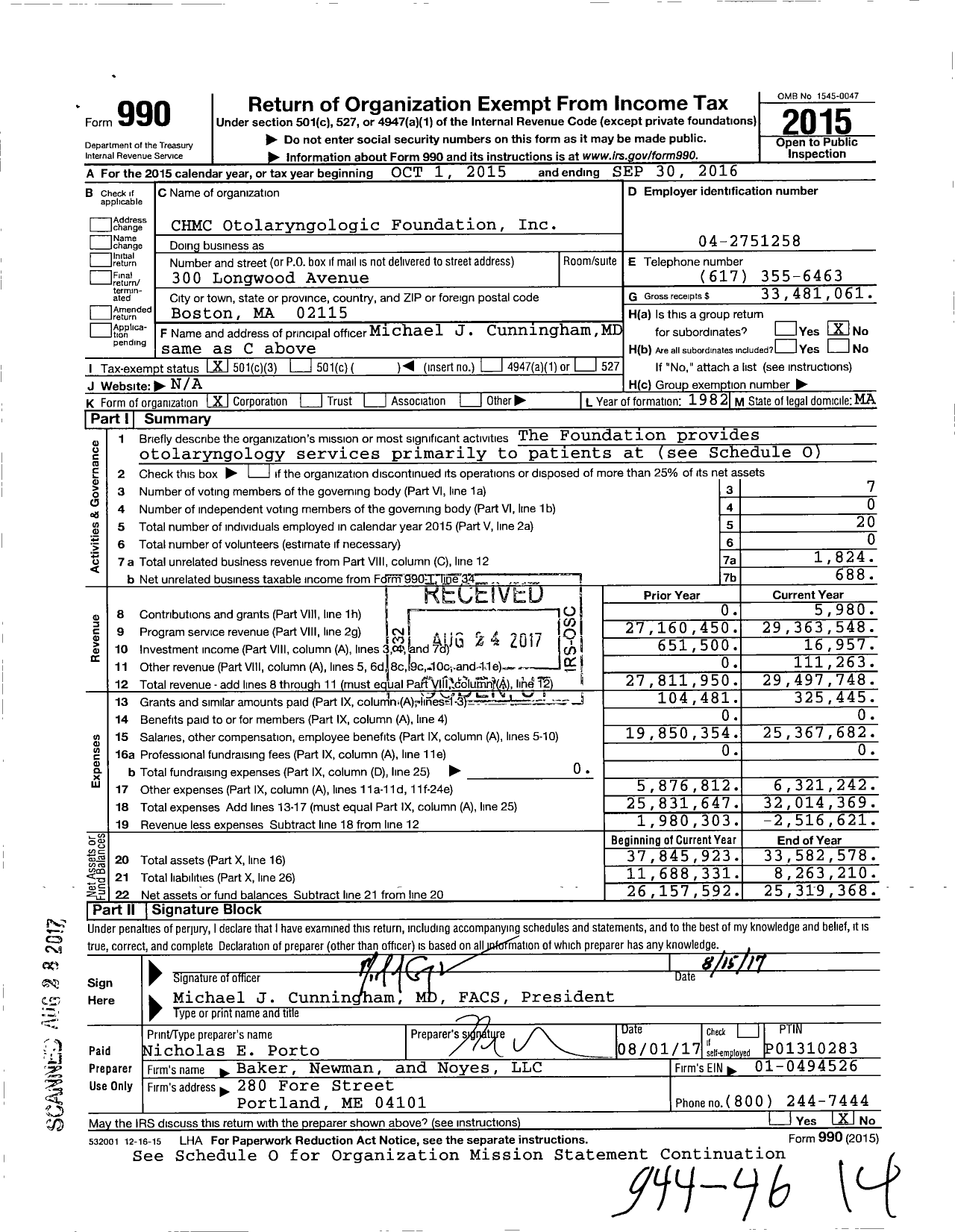 Image of first page of 2015 Form 990 for CHMC Otolaryngologic Foundation