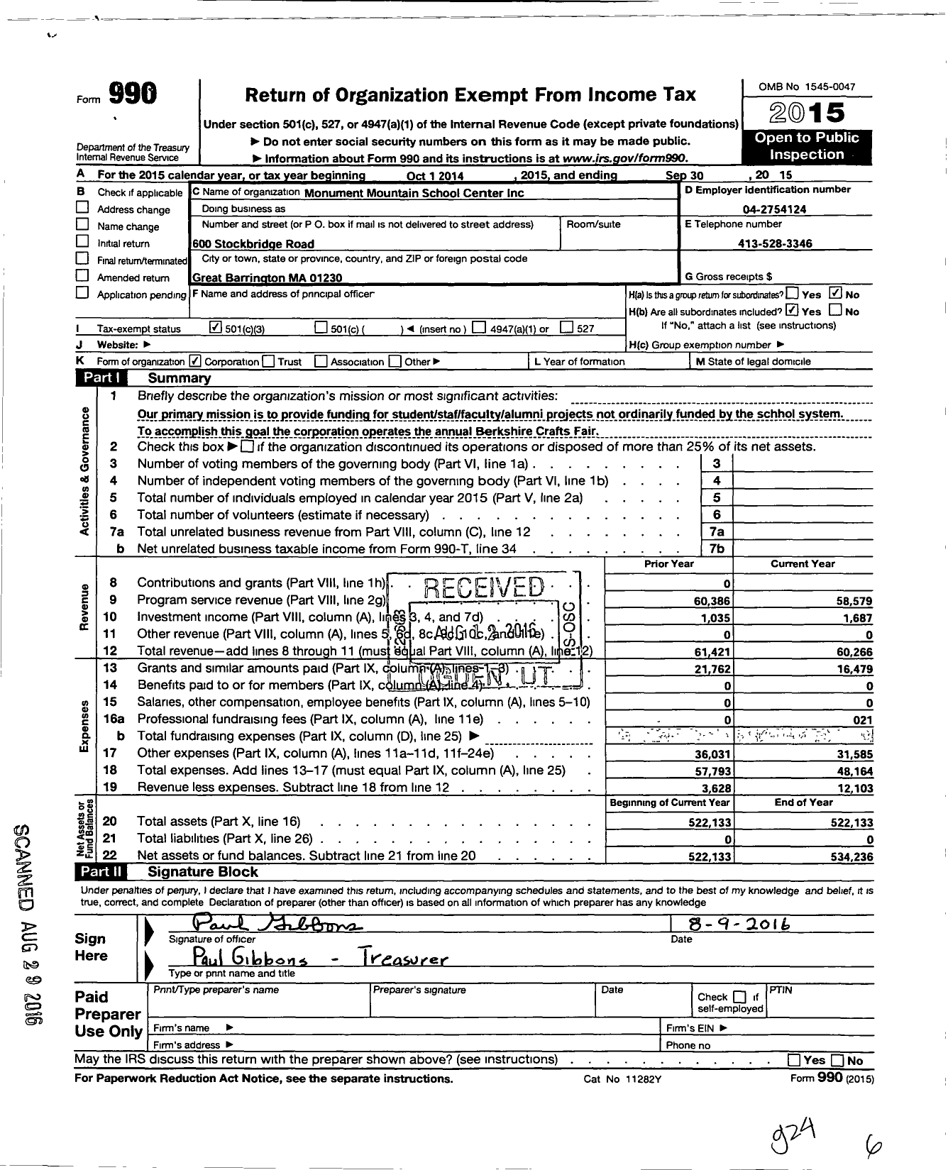 Image of first page of 2014 Form 990 for Monument Mountain School Center