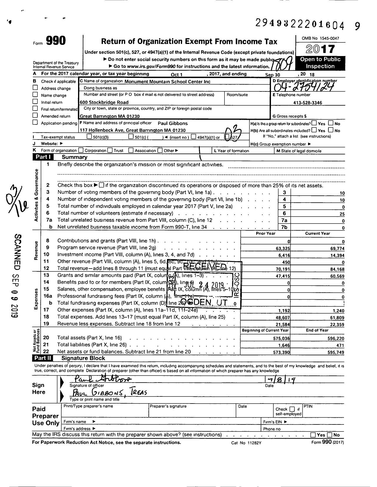 Image of first page of 2017 Form 990 for Monument Mountain School Center