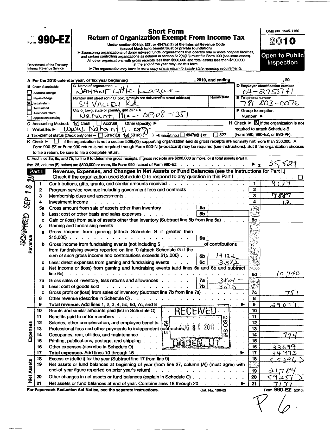 Image of first page of 2010 Form 990EO for Nahant Little League Baseball