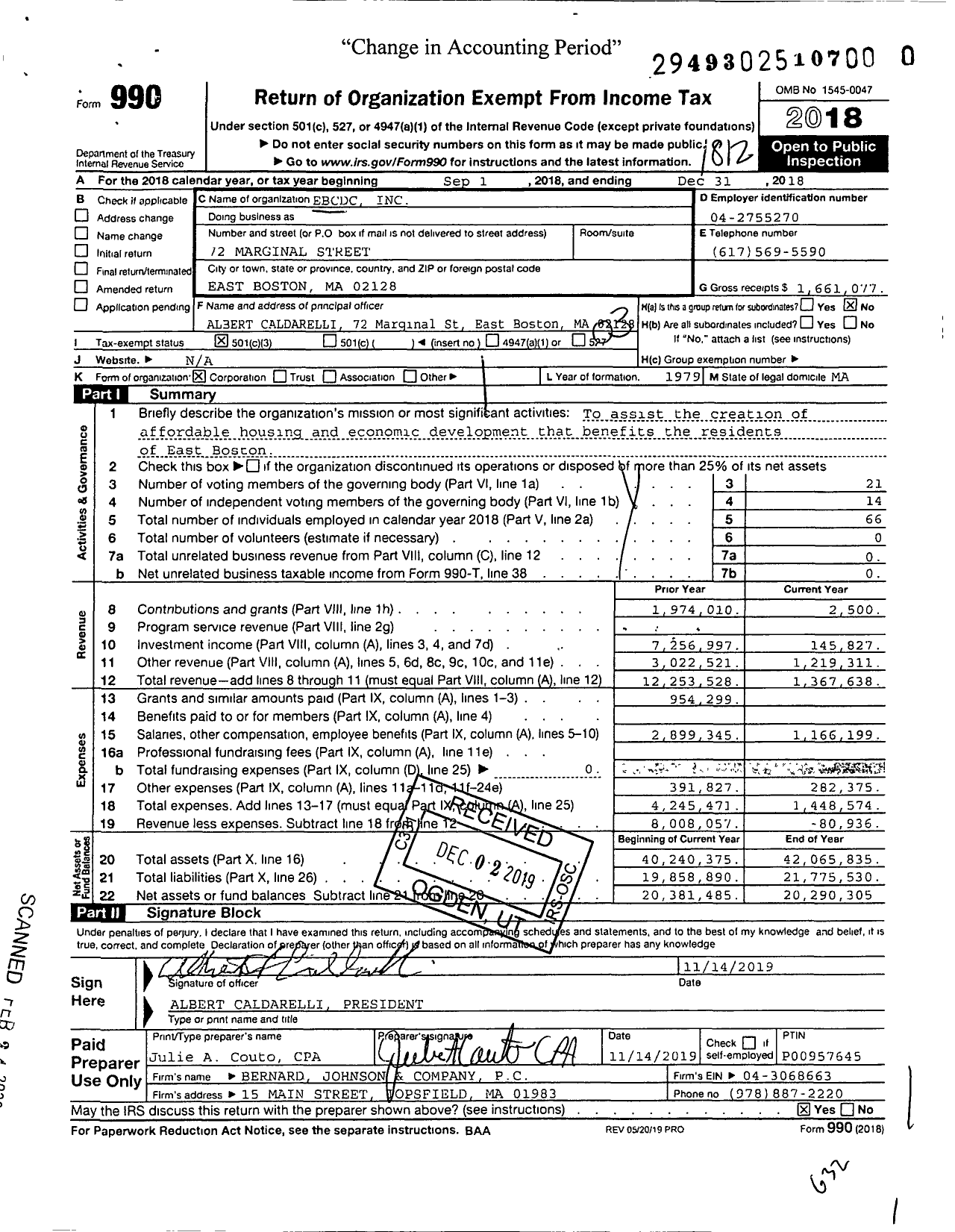 Image of first page of 2018 Form 990 for East Boston Community Development Corporation (EBCDC)