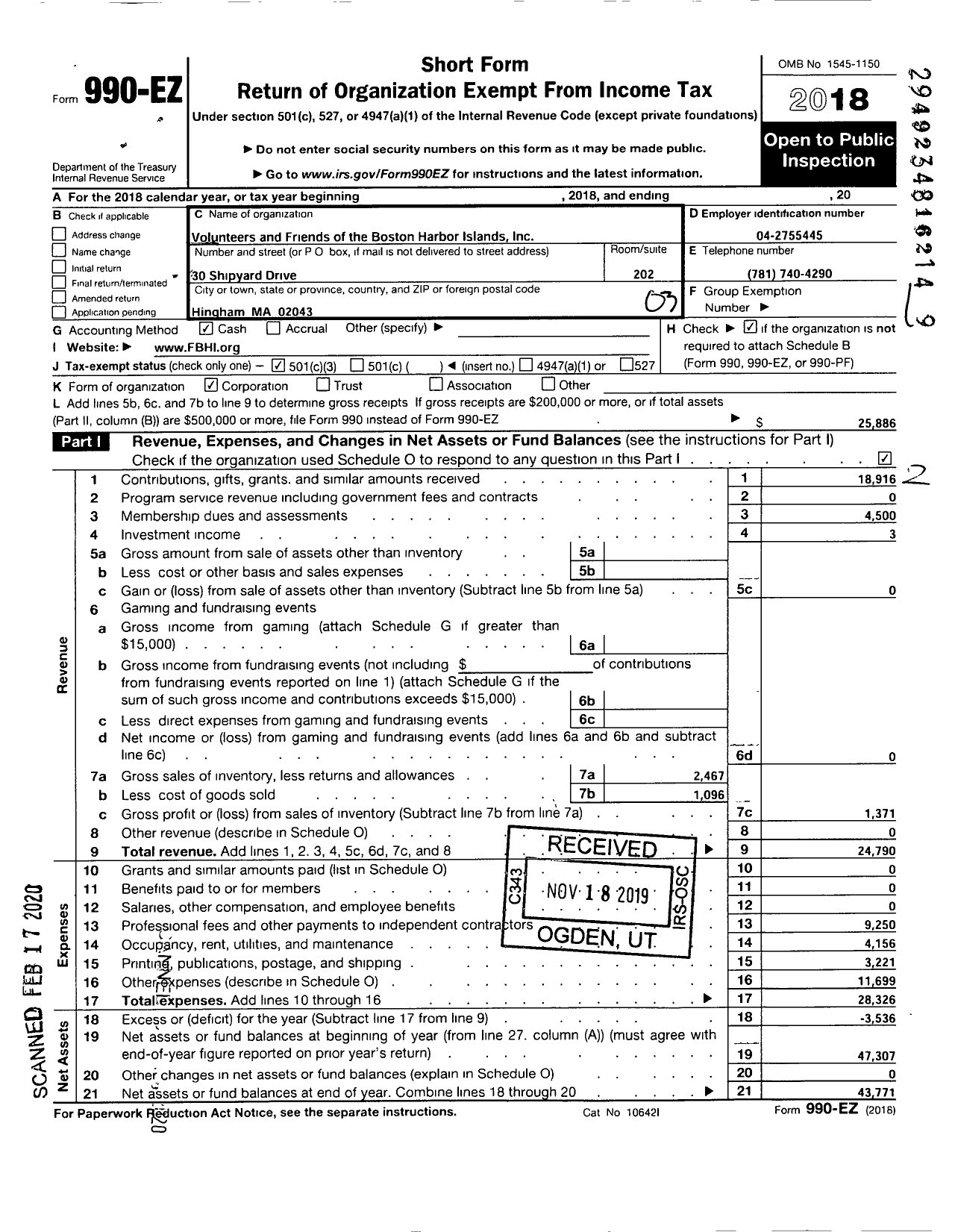 Image of first page of 2018 Form 990EZ for Volunteers and Friends of the Boston Harbor Islands