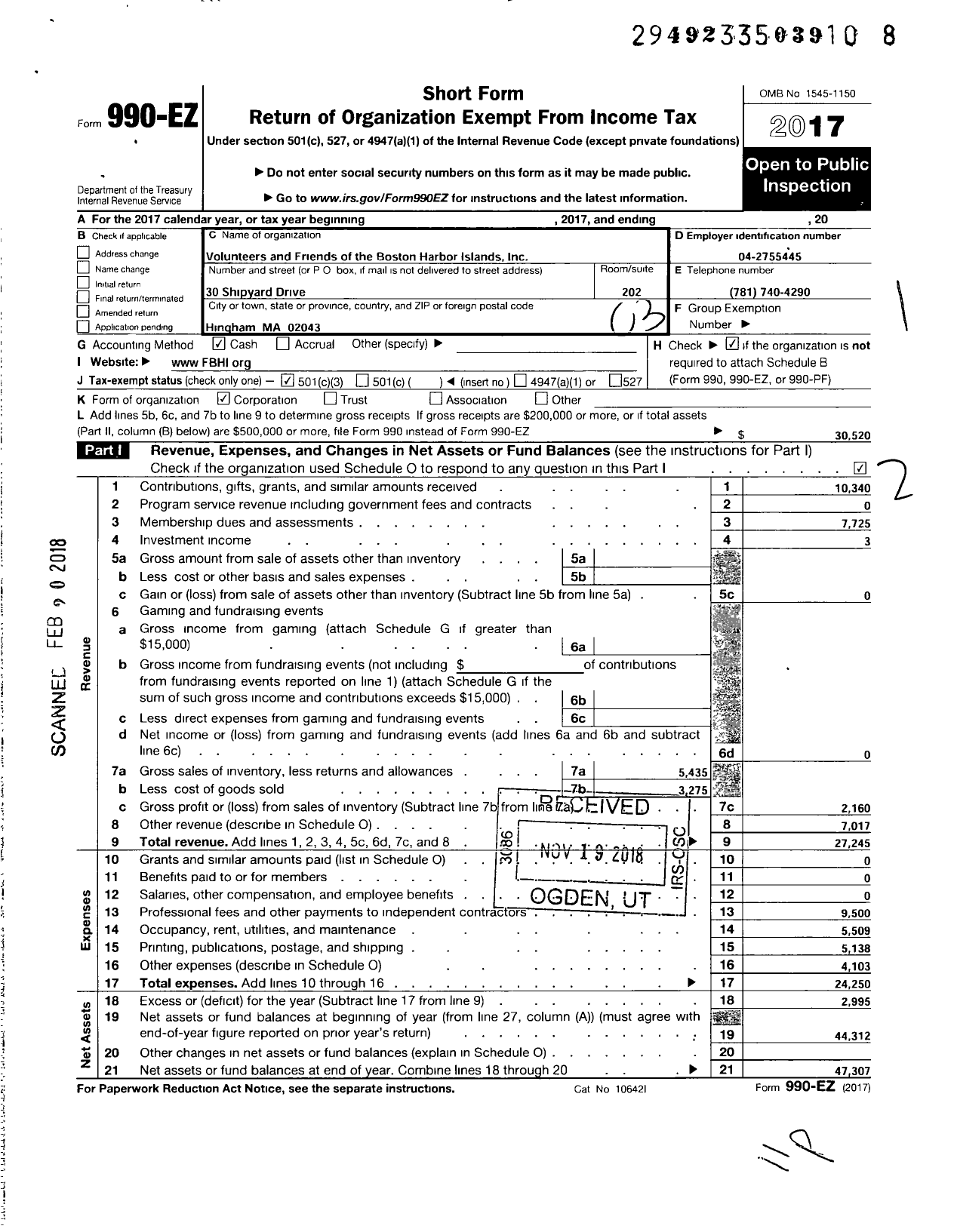 Image of first page of 2017 Form 990EZ for Volunteers and Friends of the Boston Harbor Islands