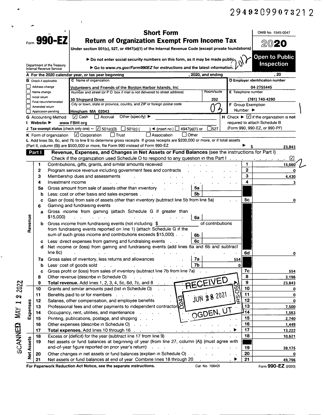 Image of first page of 2020 Form 990EZ for Volunteers and Friends of the Boston Harbor Islands