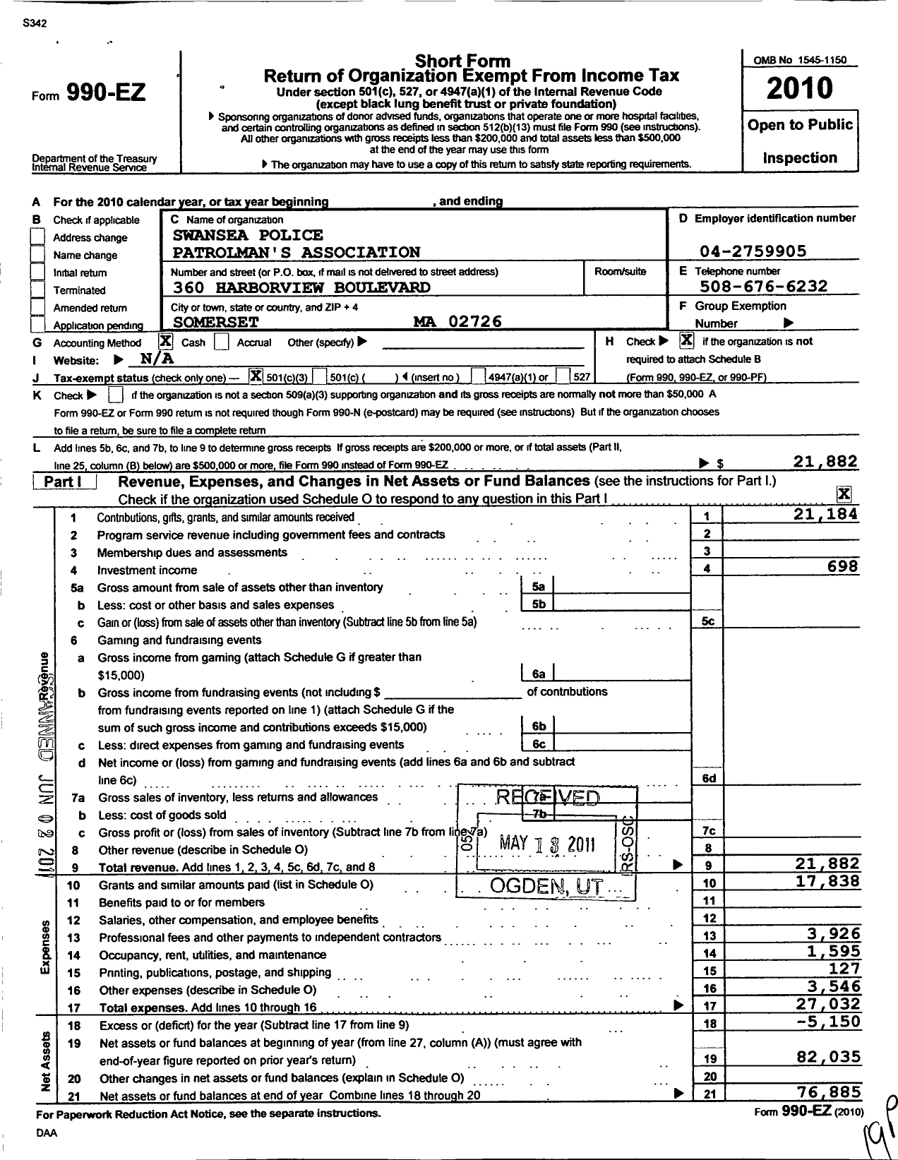 Image of first page of 2010 Form 990EZ for Swansea Police Patrolmans Association